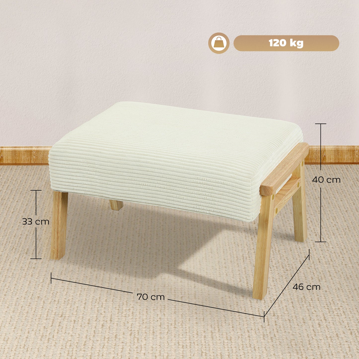Footstool with Soft Cushion, Corduroy Look, Cream White
