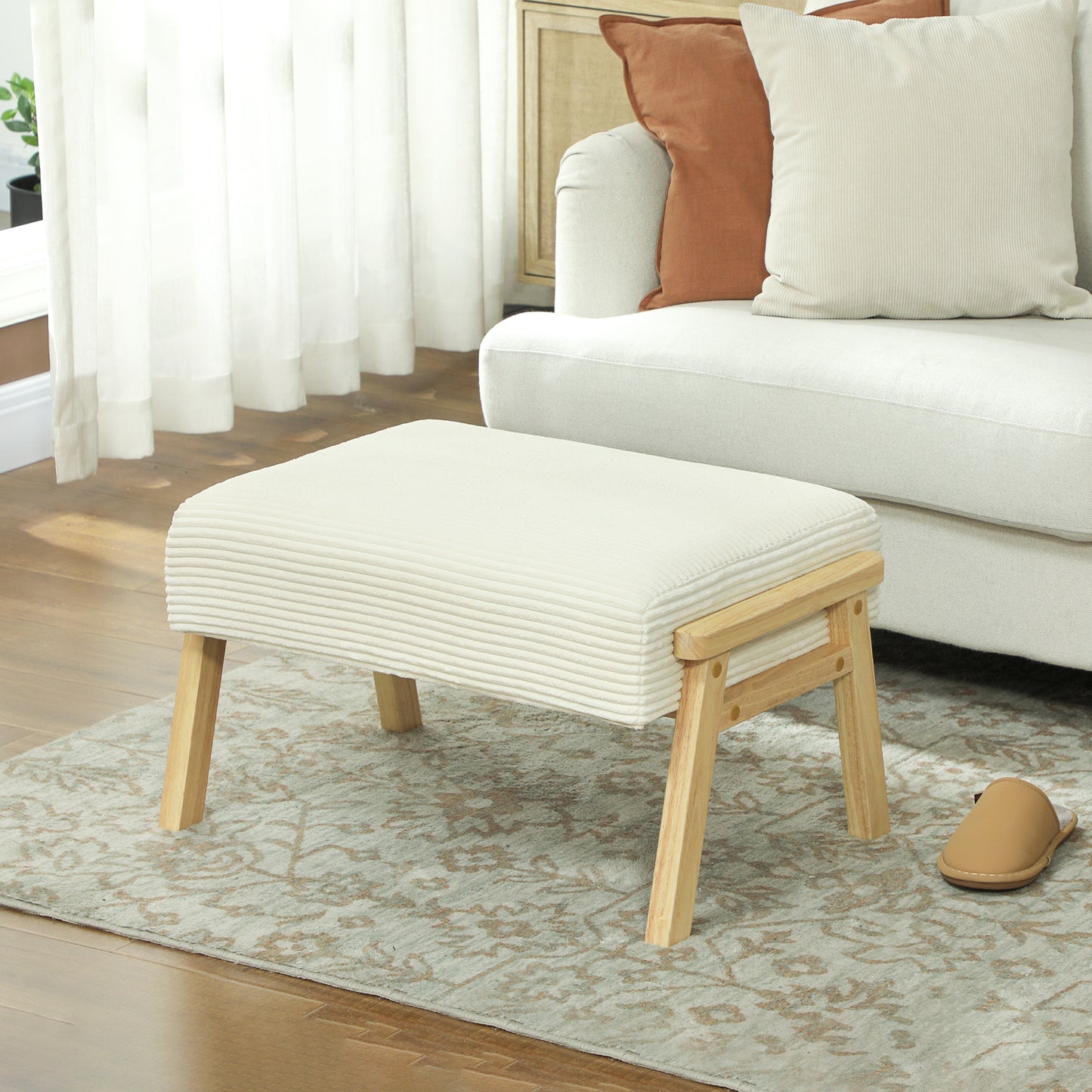 Footstool with Soft Cushion, Corduroy Look, Cream White