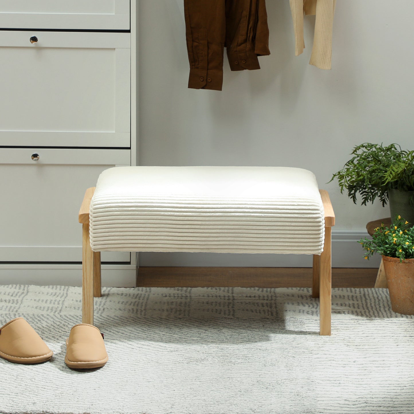 Footstool with Soft Cushion, Corduroy Look, Cream White
