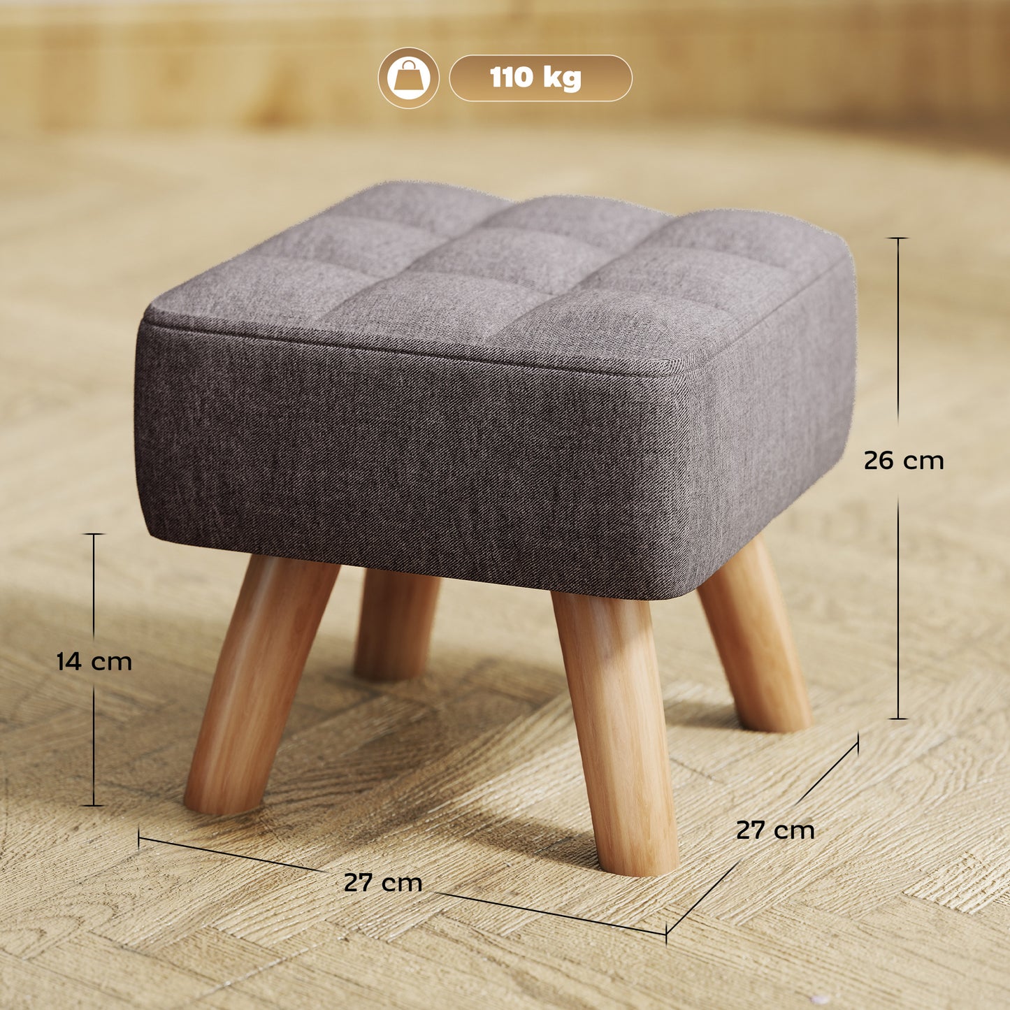 Footstool, Linen Look, Wooden Legs, 110 kg Capacity, Gray