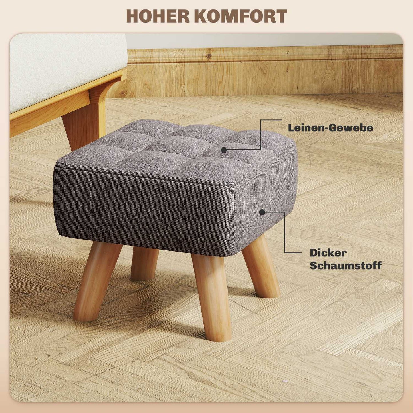 Footstool, Linen Look, Wooden Legs, 110 kg Capacity, Gray