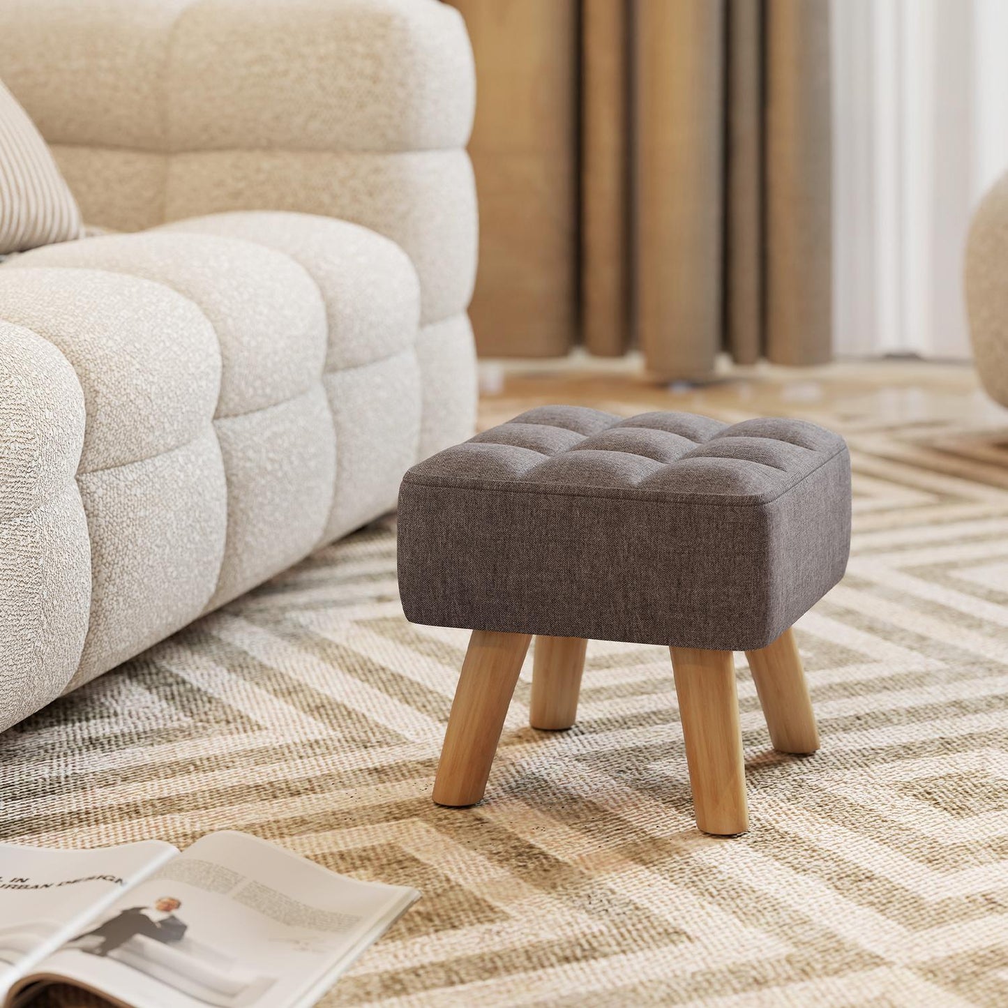 Footstool, Linen Look, Wooden Legs, 110 kg Capacity, Gray