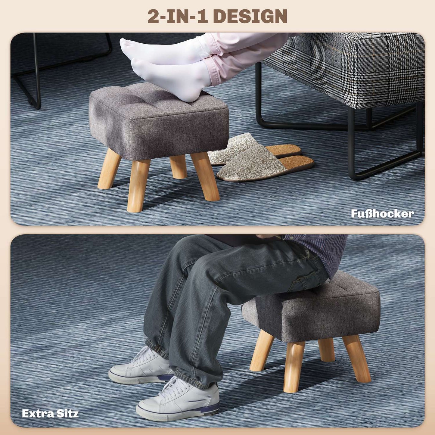 Footstool, Linen Look, Wooden Legs, 110 kg Capacity, Gray