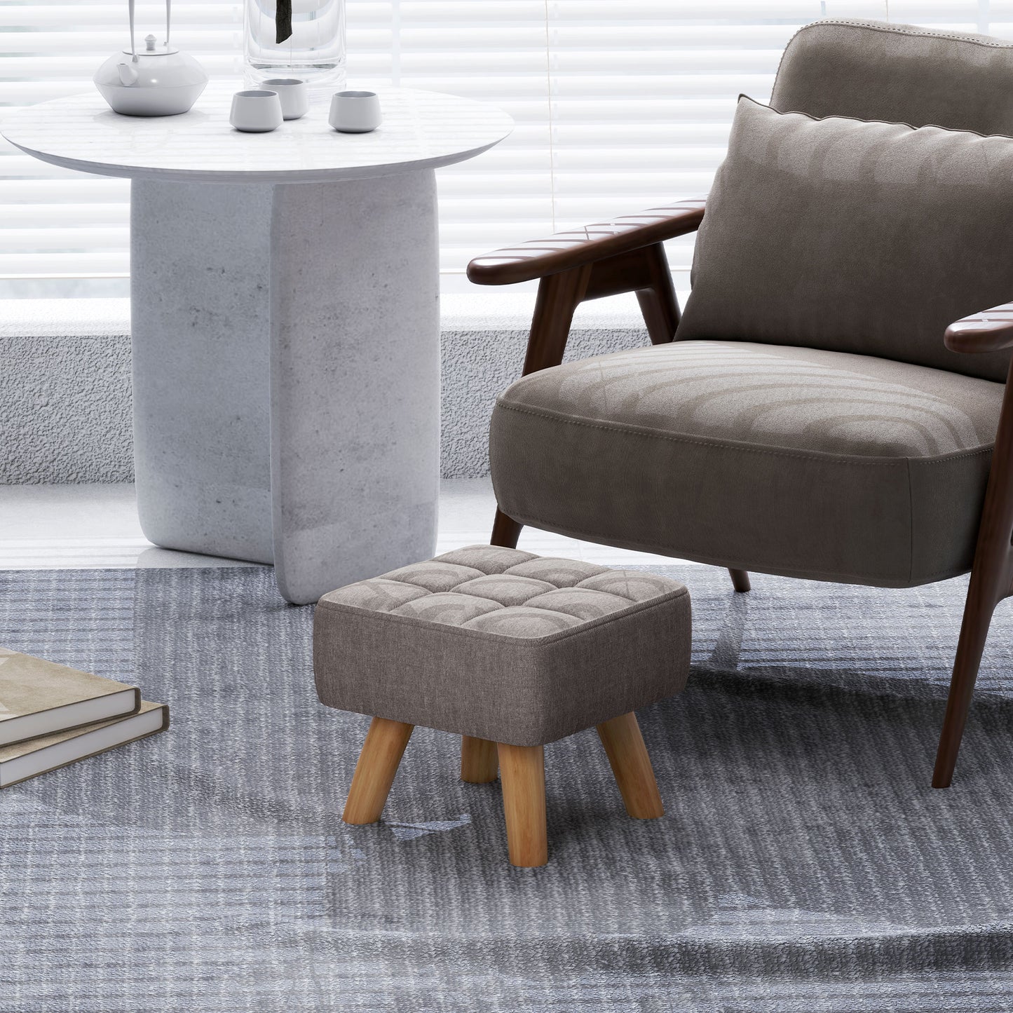 Footstool, Linen Look, Wooden Legs, 110 kg Capacity, Gray