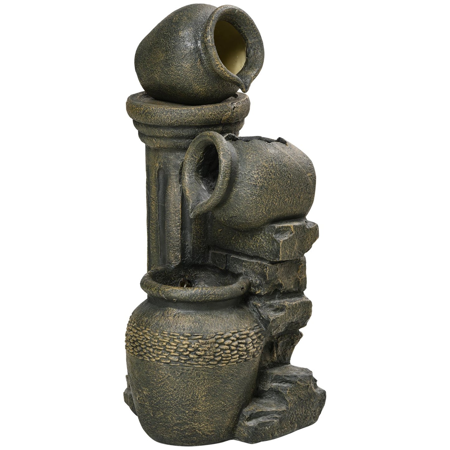 Garden fountain with adjustable flow and 3-tier jugs