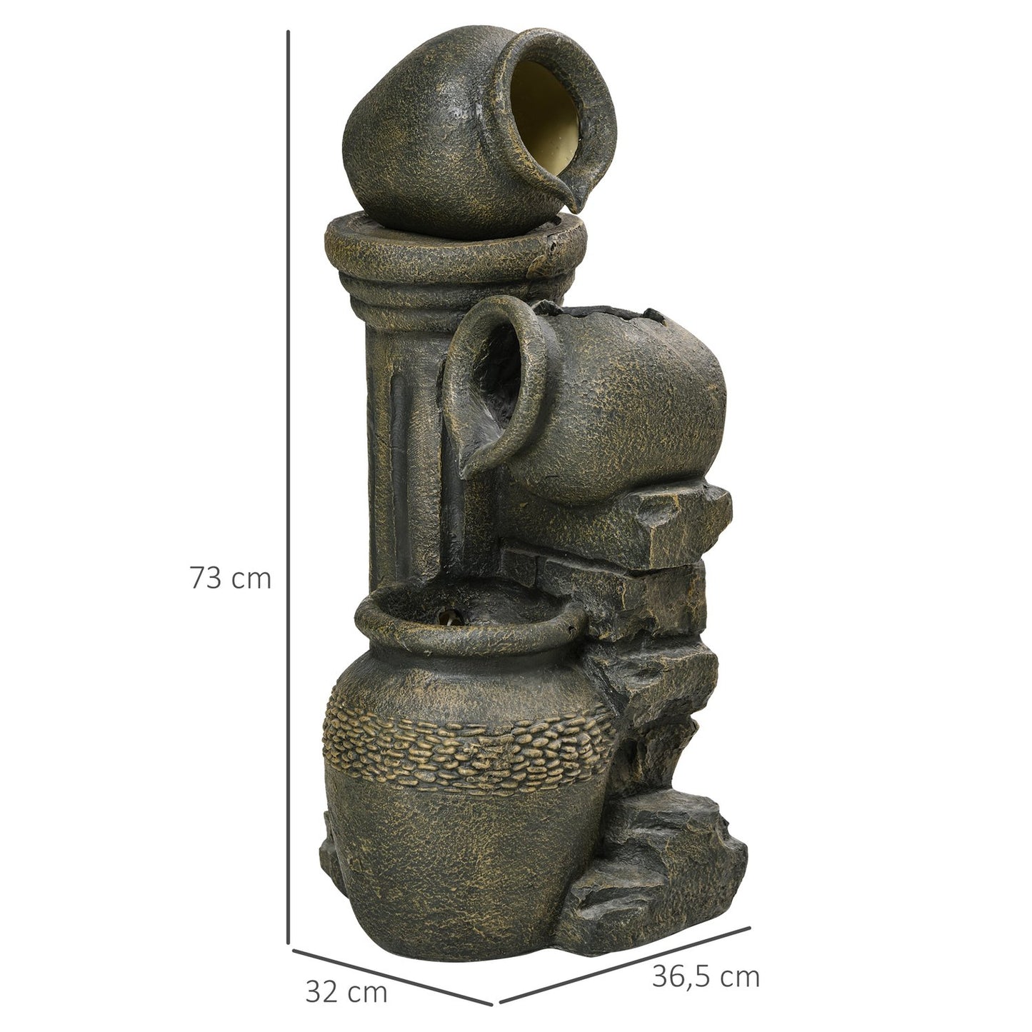 Garden fountain with adjustable flow and 3-tier jugs