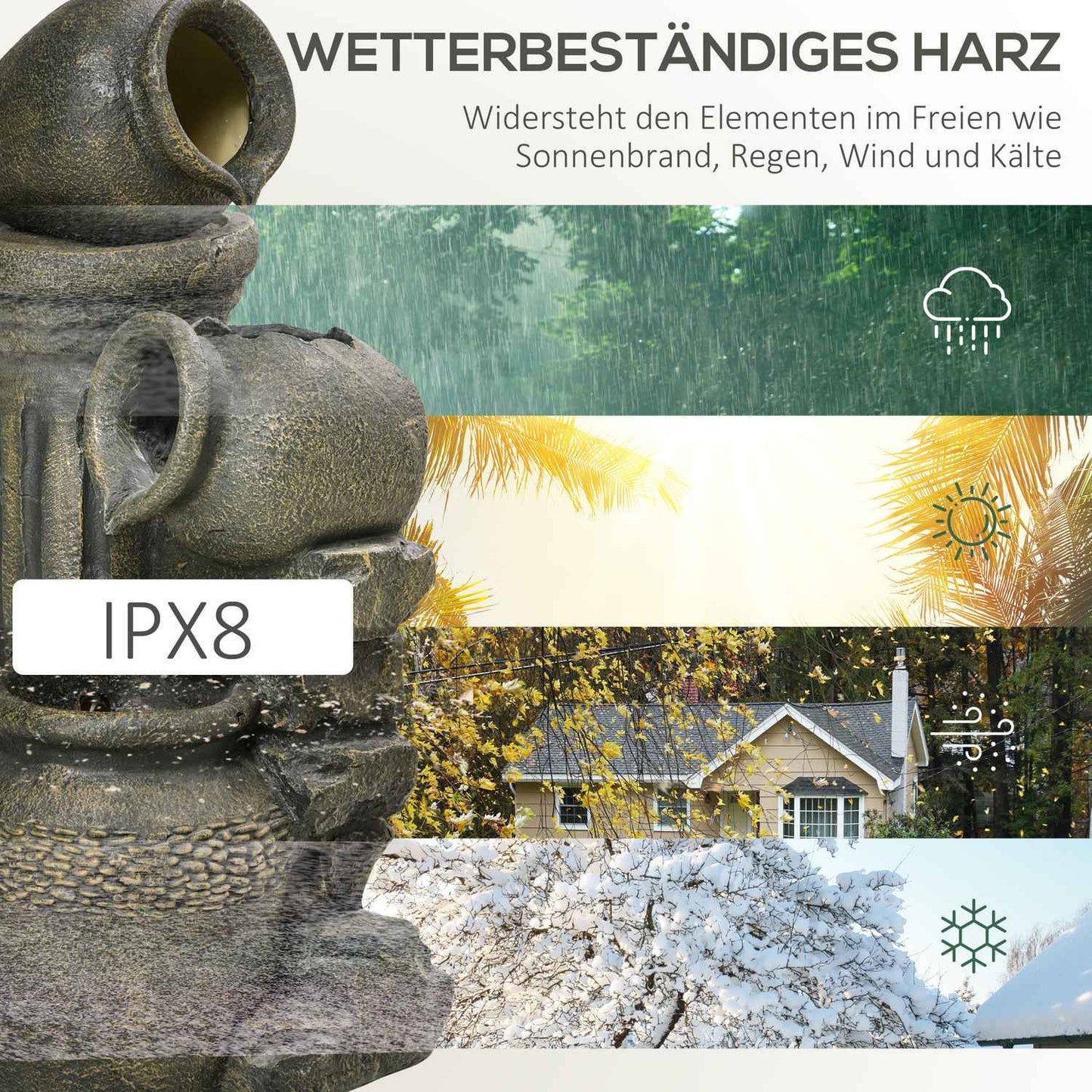 Garden fountain with adjustable flow and 3-tier jugs