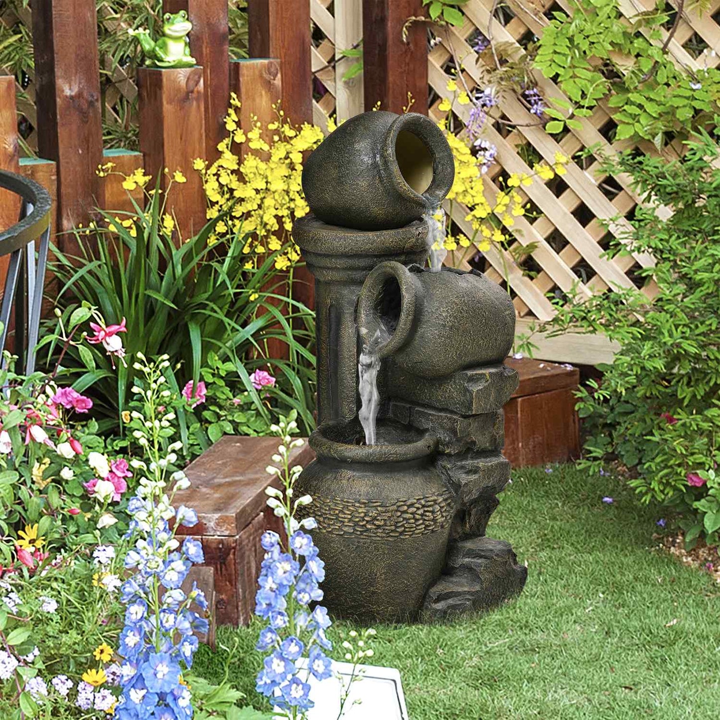 Garden fountain with adjustable flow and 3-tier jugs