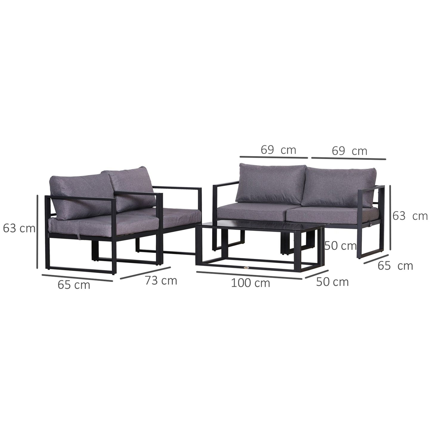 Four piece gray garden furniture set with cushions and storage