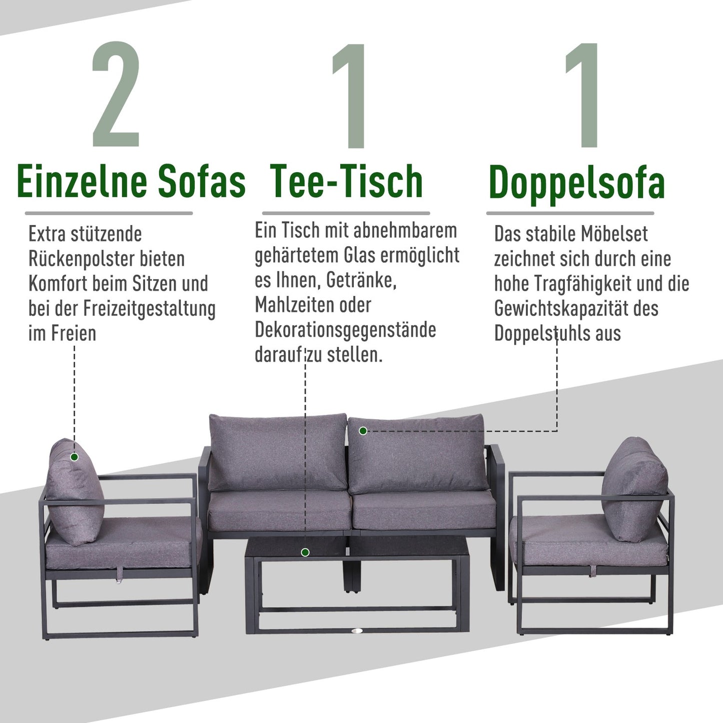 Four piece gray garden furniture set with cushions and storage