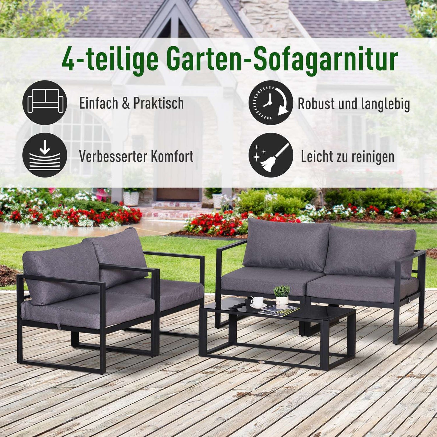 Four piece gray garden furniture set with cushions and storage