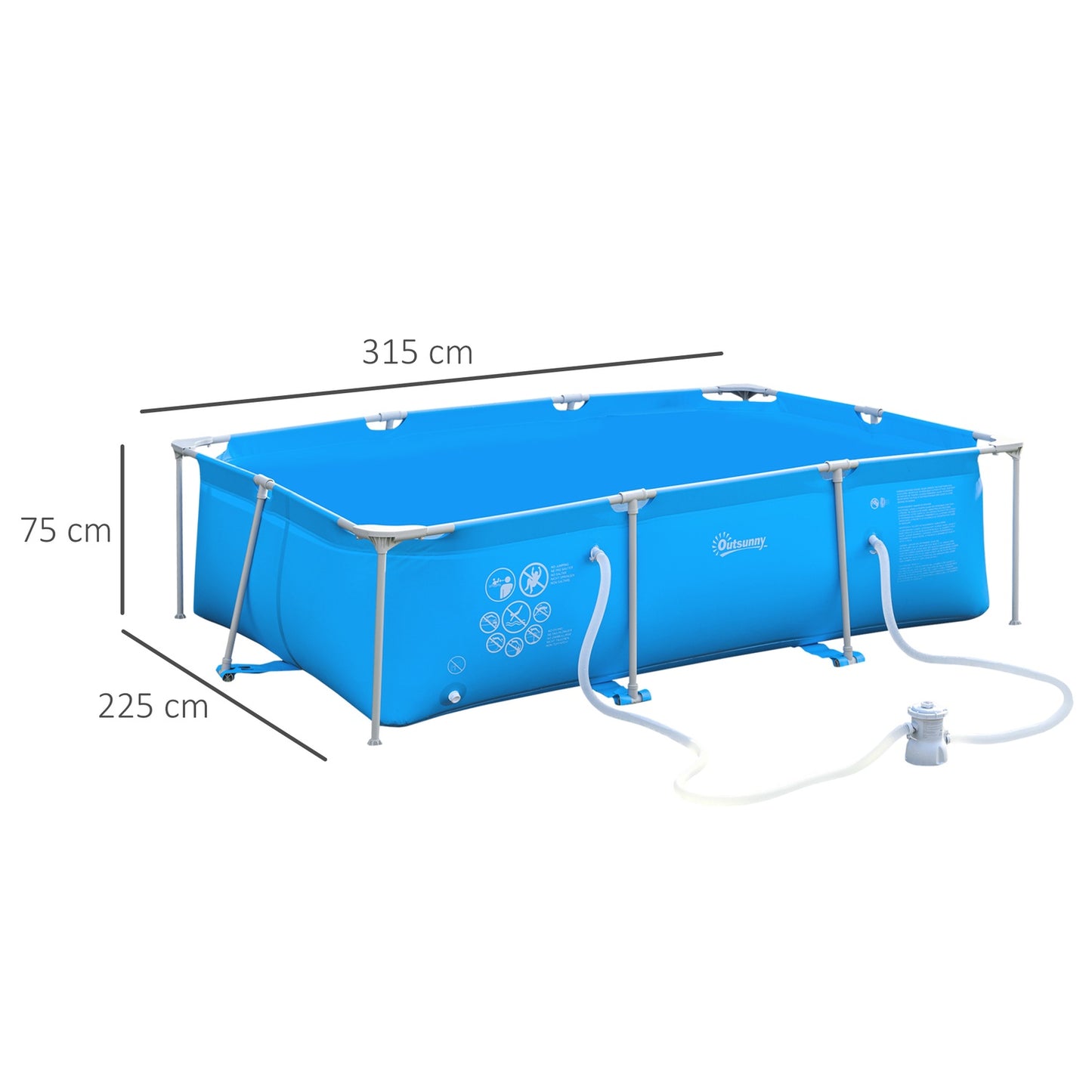 Steel frame pool with drain valve, blue PVC, 315x225x75 cm