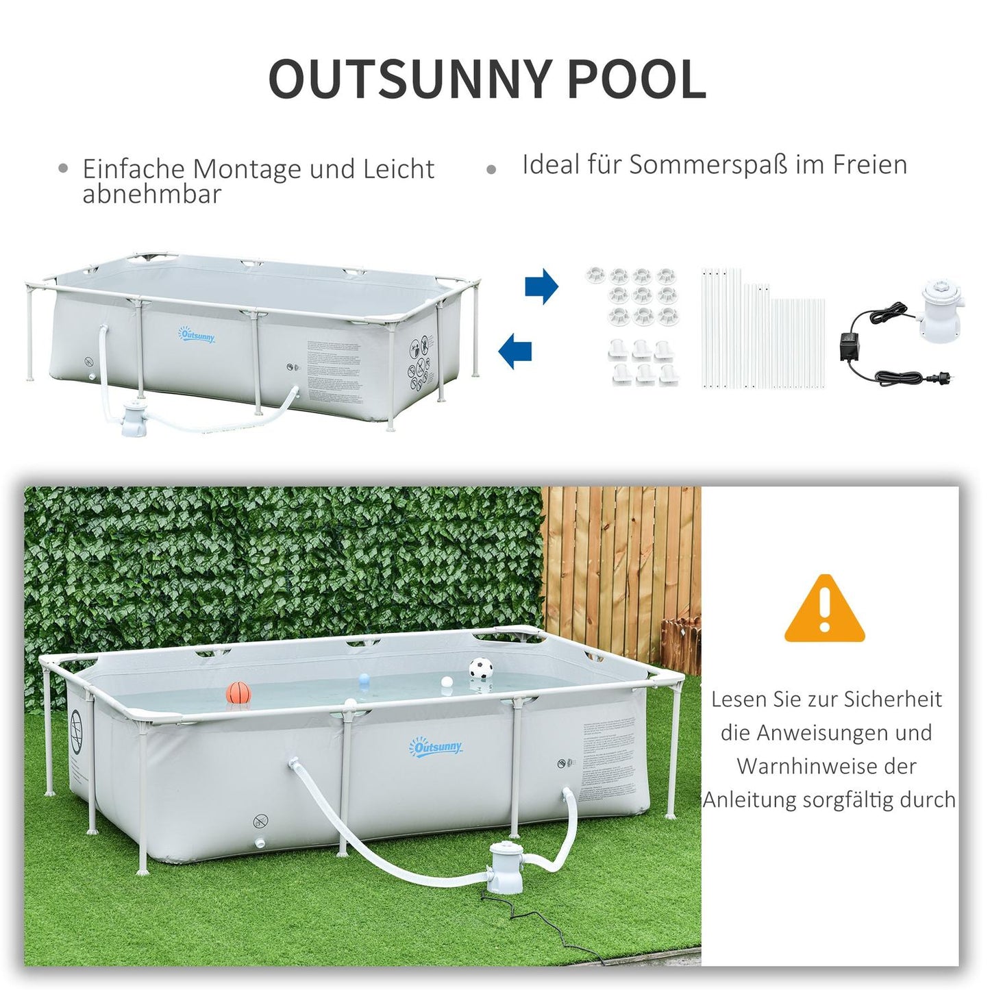 Rectangular steel frame pool with hose and valve, 252x152x65cm