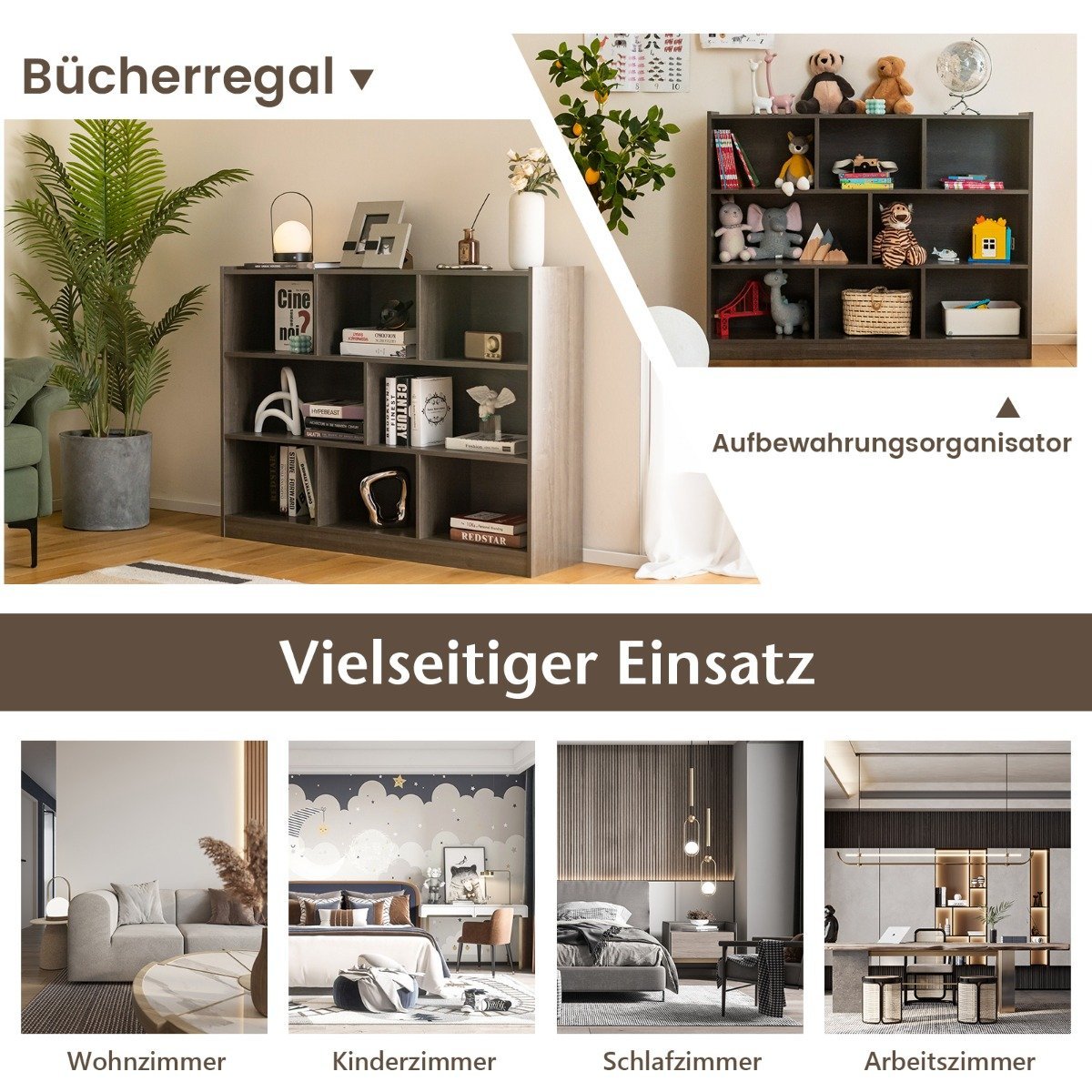 Freestanding 3 Tier & 8 Cube Open Bookcase Multi-Purpose Cabinet with Non-Slip Base Gray