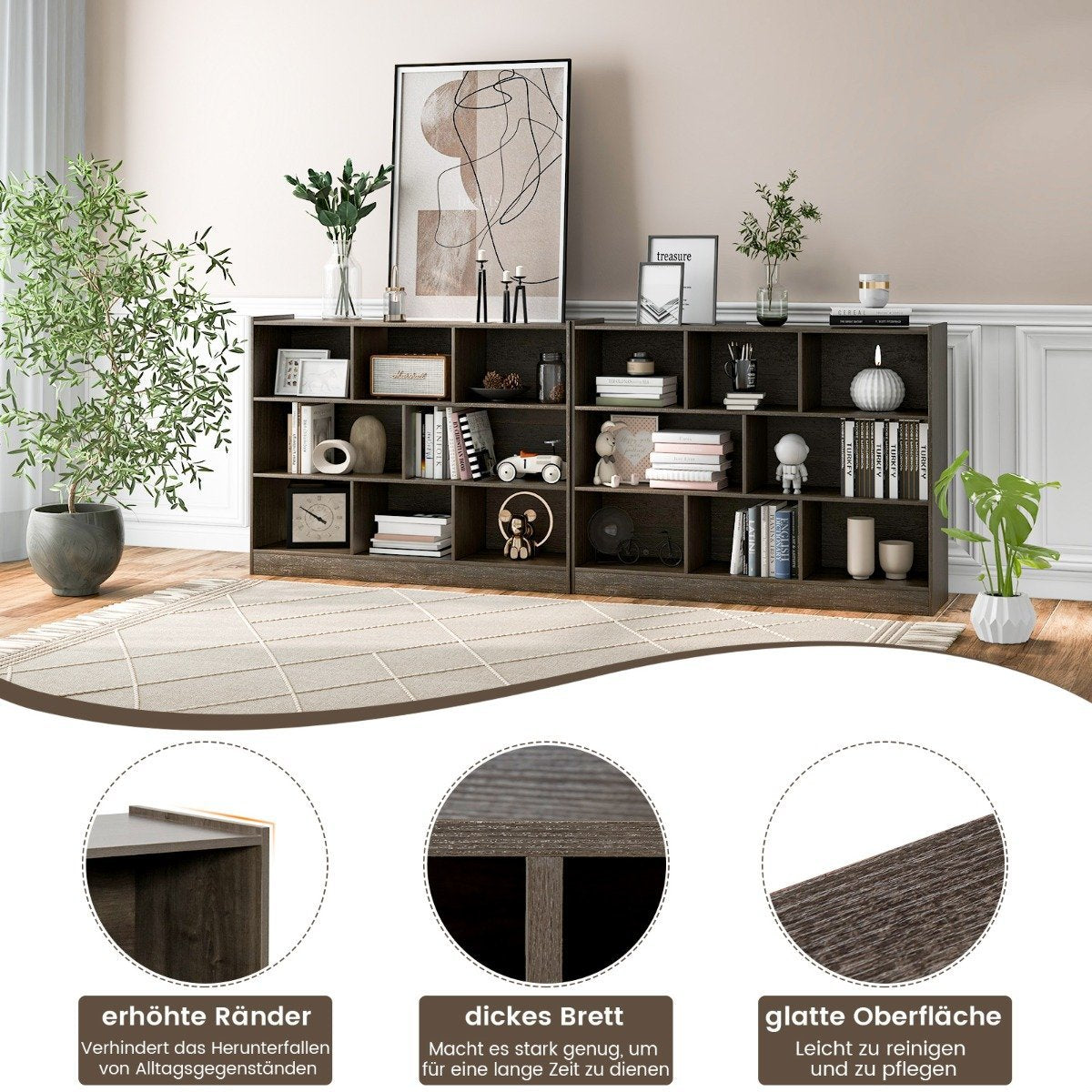 Freestanding 3 Tier & 8 Cube Open Bookcase Multi-Purpose Cabinet with Non-Slip Base Gray