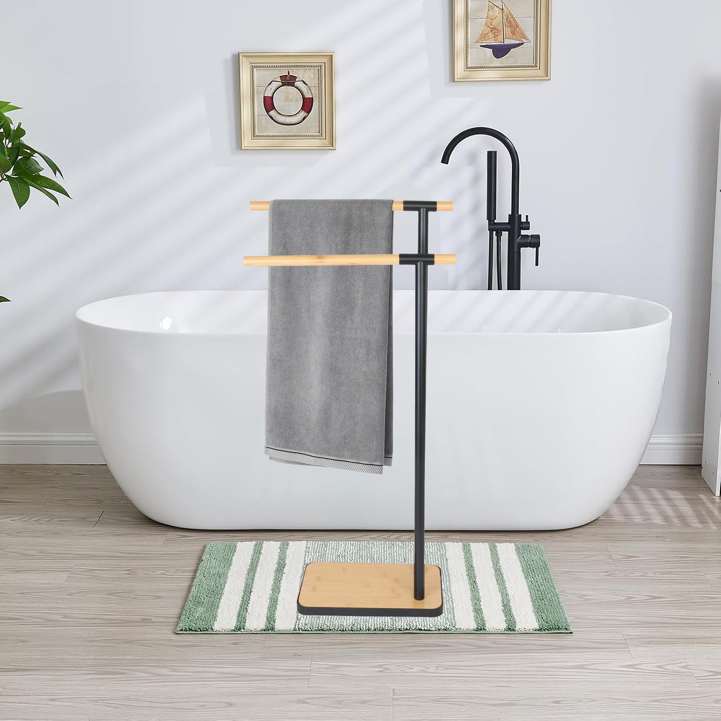 Freestanding Bamboo Metal Towel Rack – 2 Rods