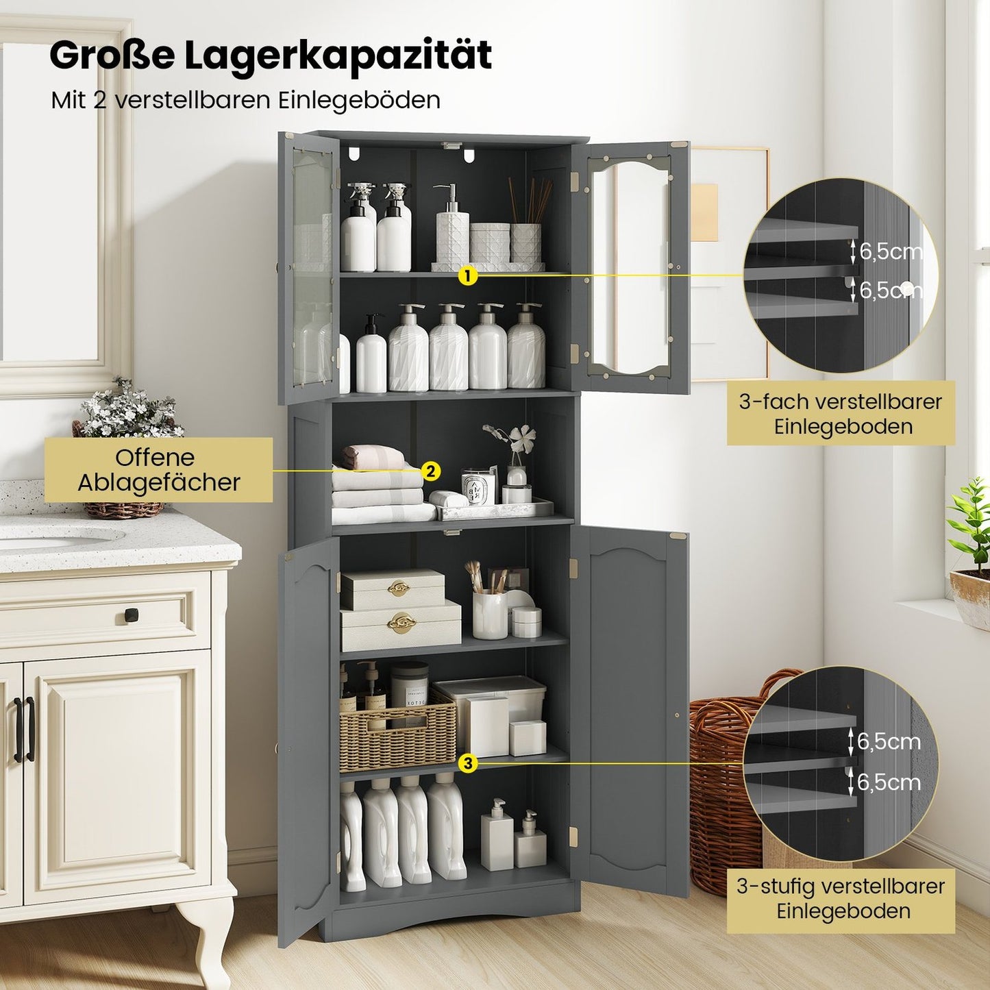 Freestanding Bathroom Cabinet with 4 Doors, Adjustable Shelves