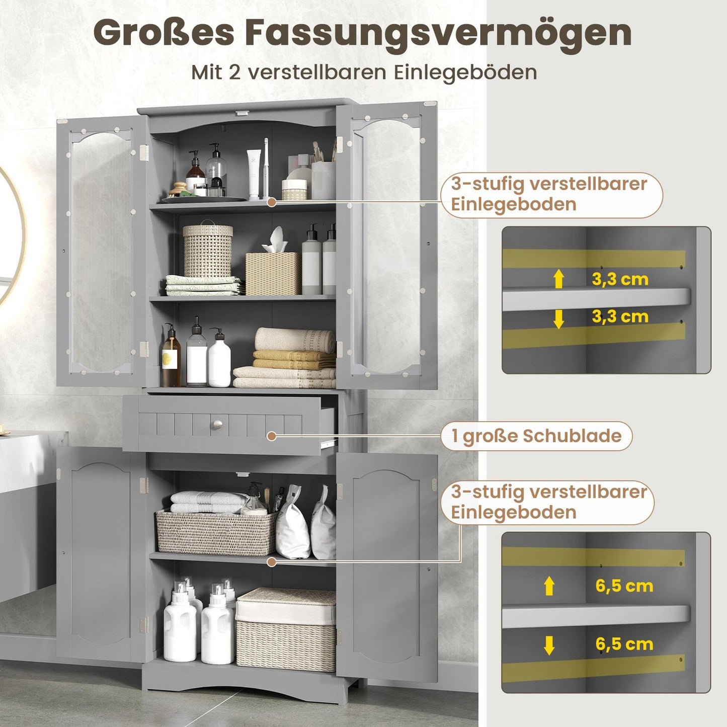 Freestanding Bathroom Cabinet with 4 Doors & Drawer, 160cm