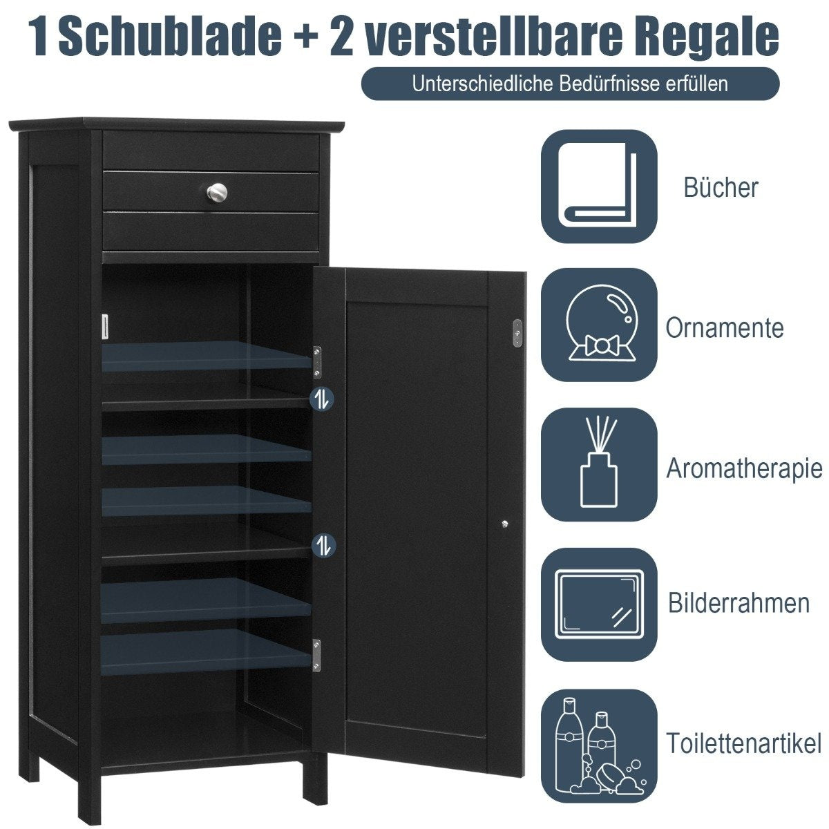 Freestanding Bathroom Cabinet with Drawer & Shelves, Black