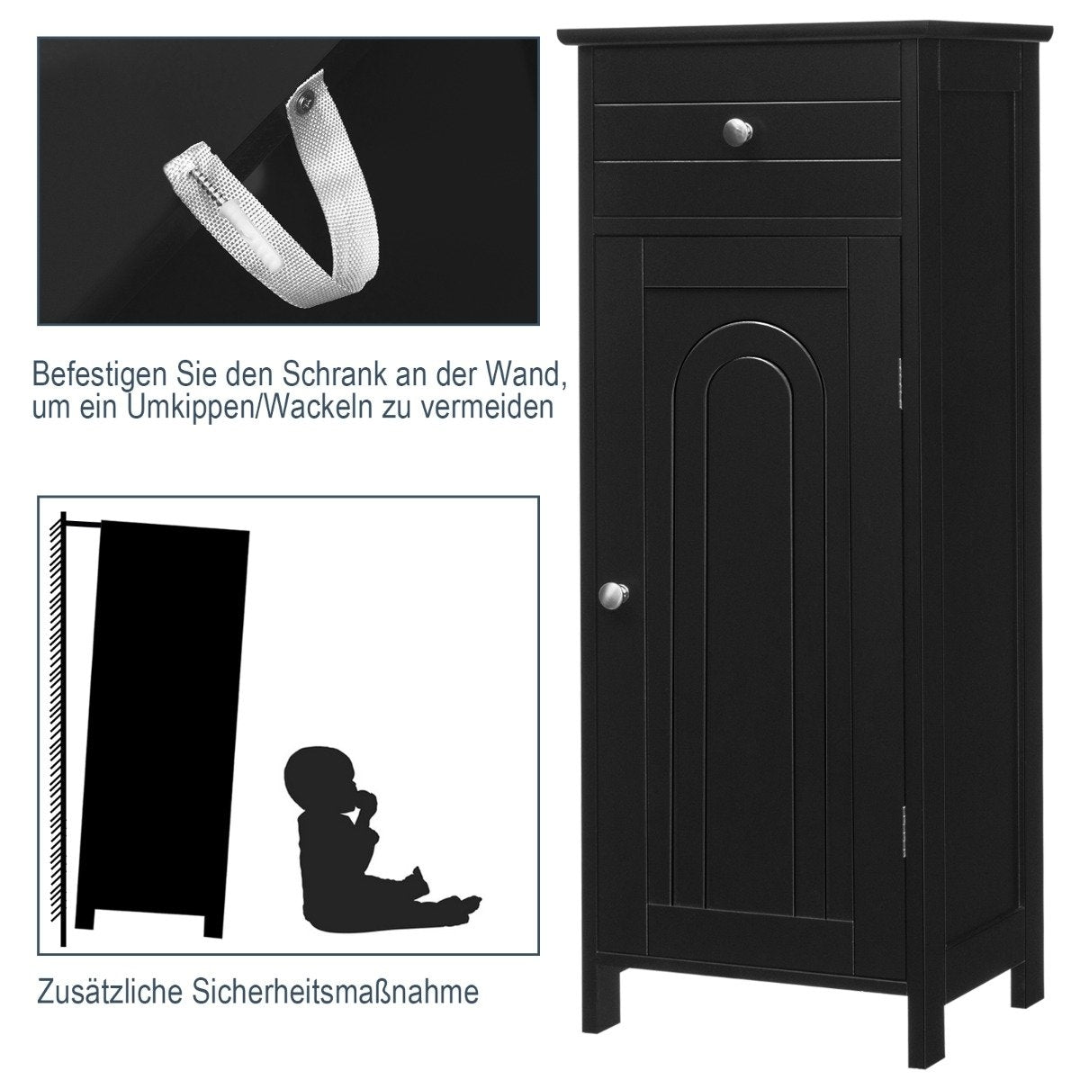 Freestanding Bathroom Cabinet with Drawer & Shelves, Black