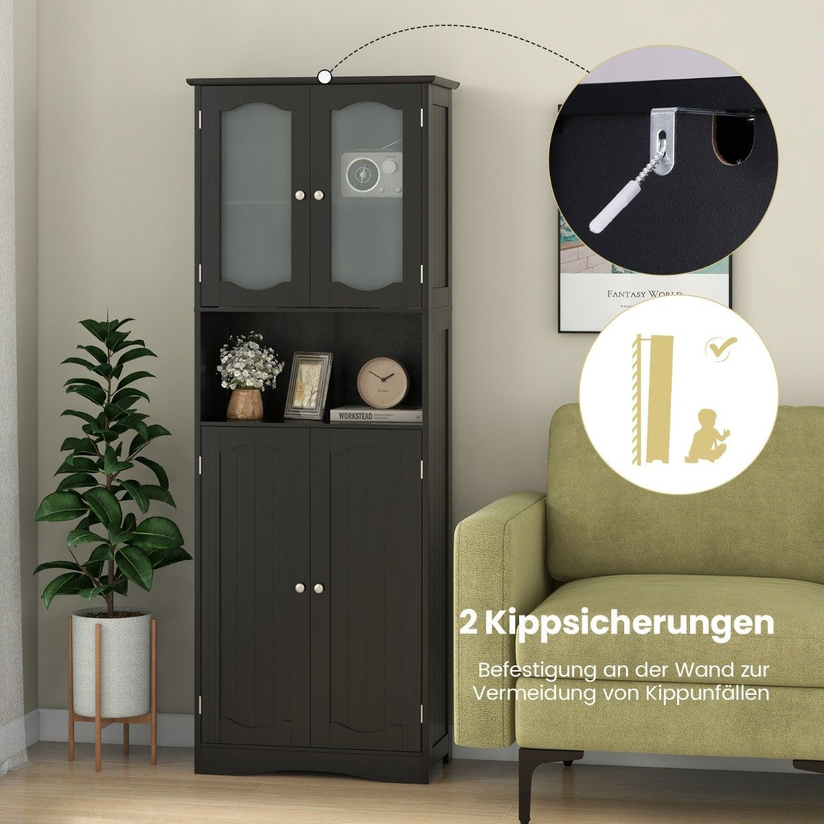 Freestanding Bathroom Cabinet with Frosted Glass Doors, 164cm