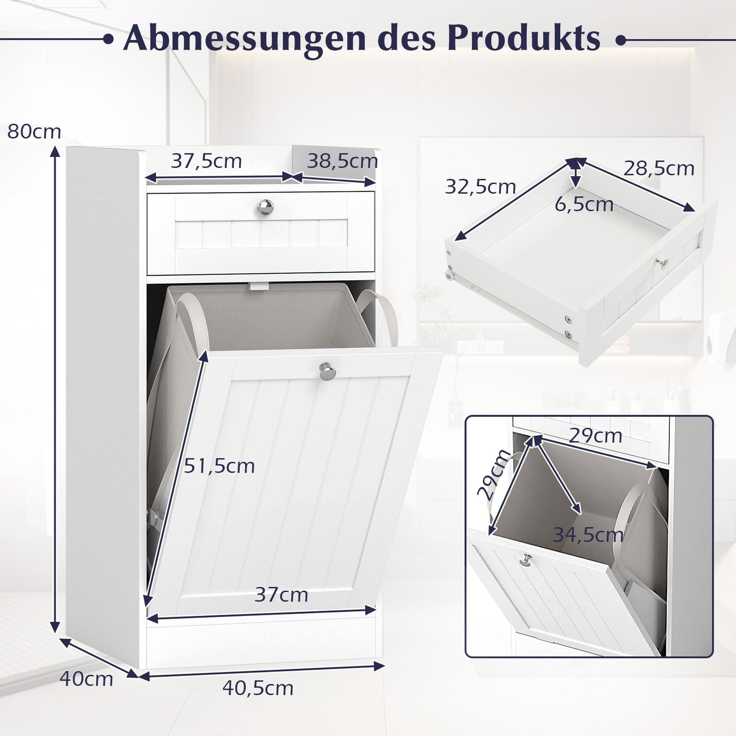 Freestanding Bathroom Laundry Cabinet with Tilt-Out Hamper