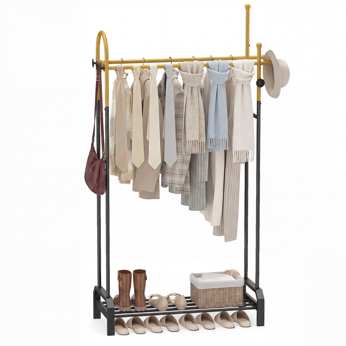 Freestanding Clothes Rack with Double Rods and Hooks