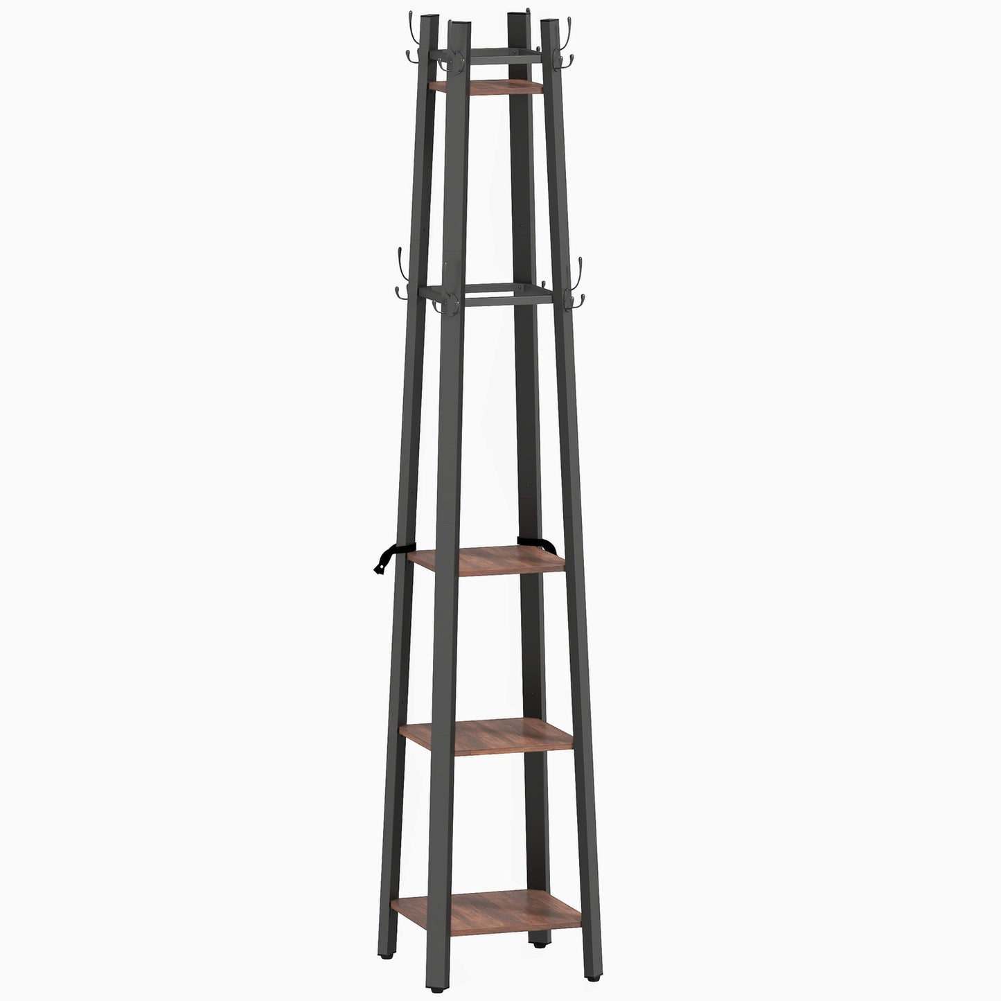 Freestanding Coat Rack, 4 Shelves, 8 Hooks, Industrial Style