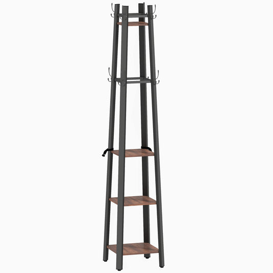 Freestanding Coat Rack, 4 Shelves, 8 Hooks, Industrial Style