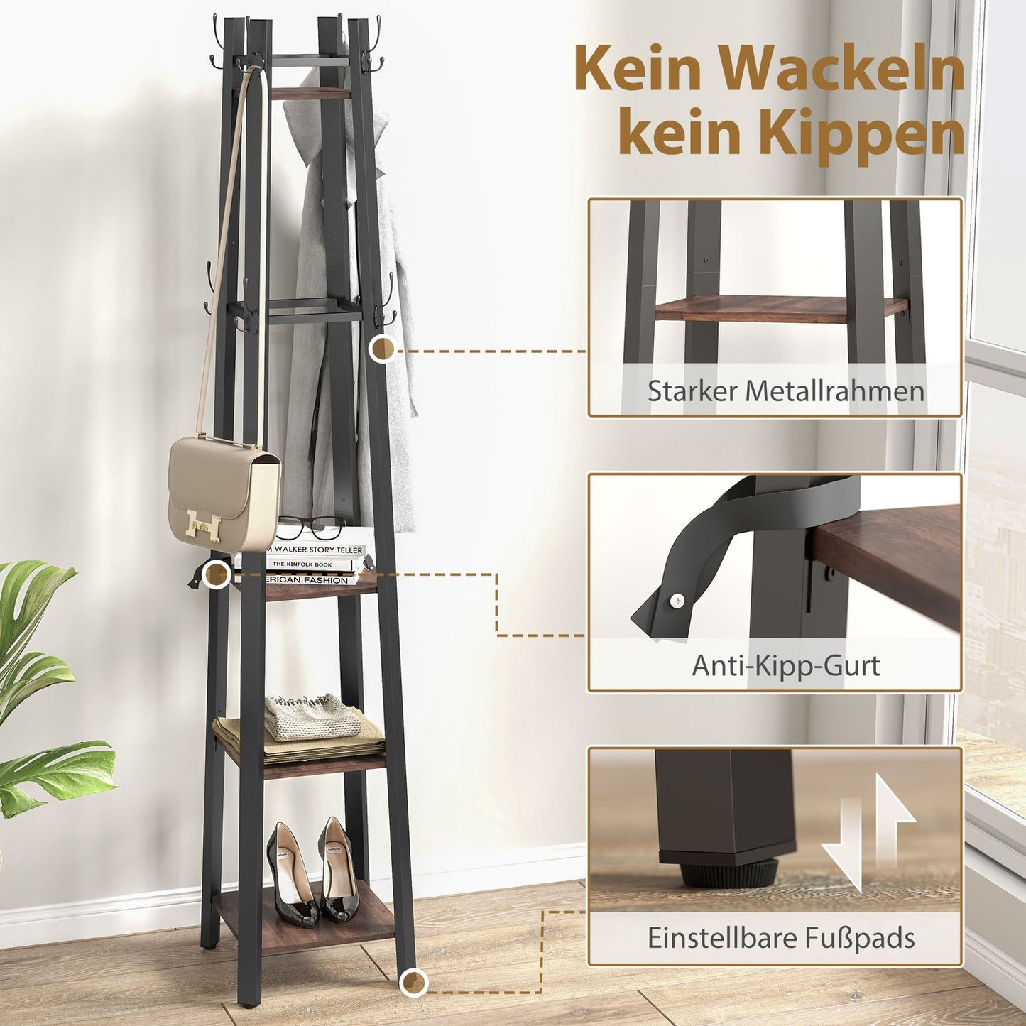 Freestanding Coat Rack, 4 Shelves, 8 Hooks, Industrial Style