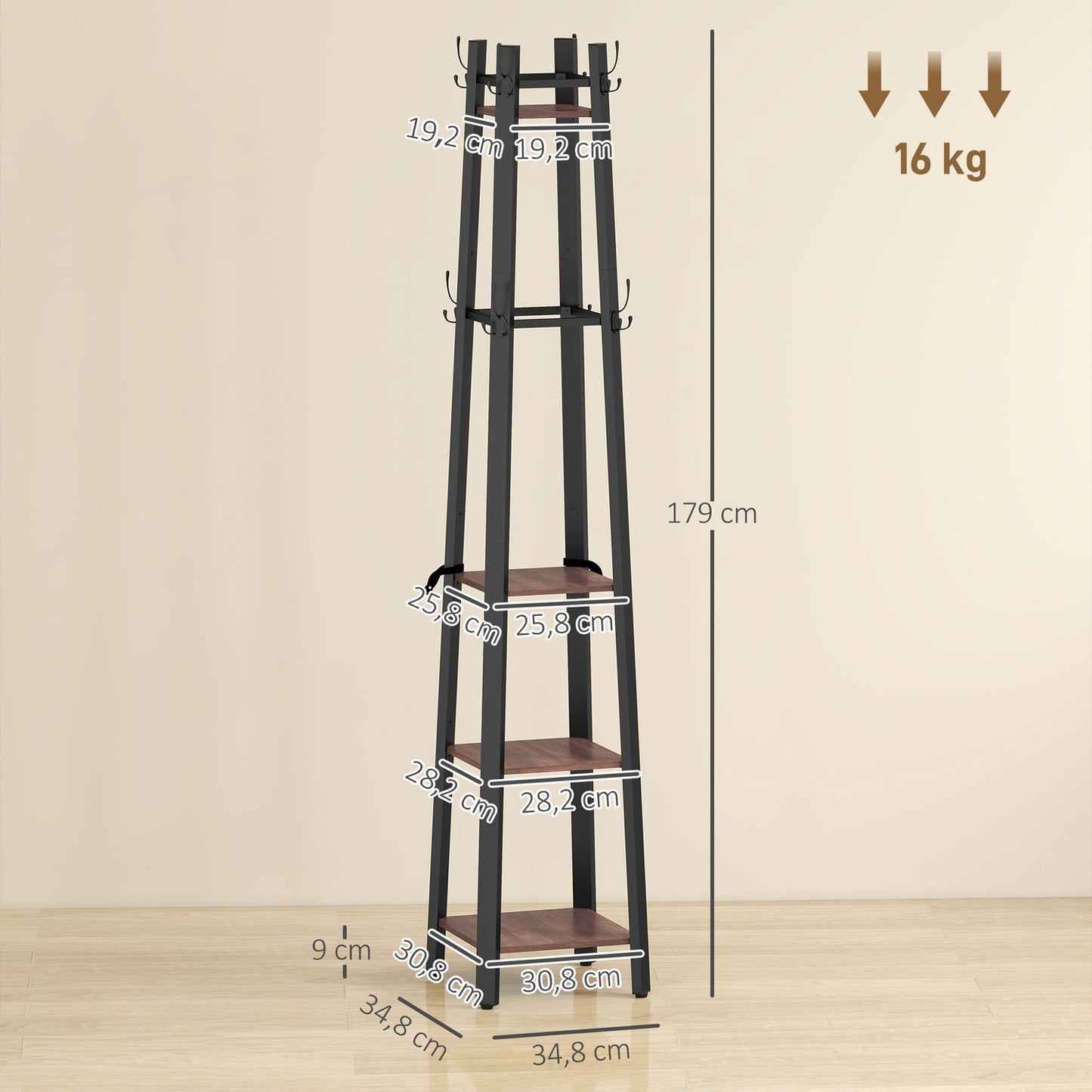 Freestanding Coat Rack, 4 Shelves, 8 Hooks, Industrial Style
