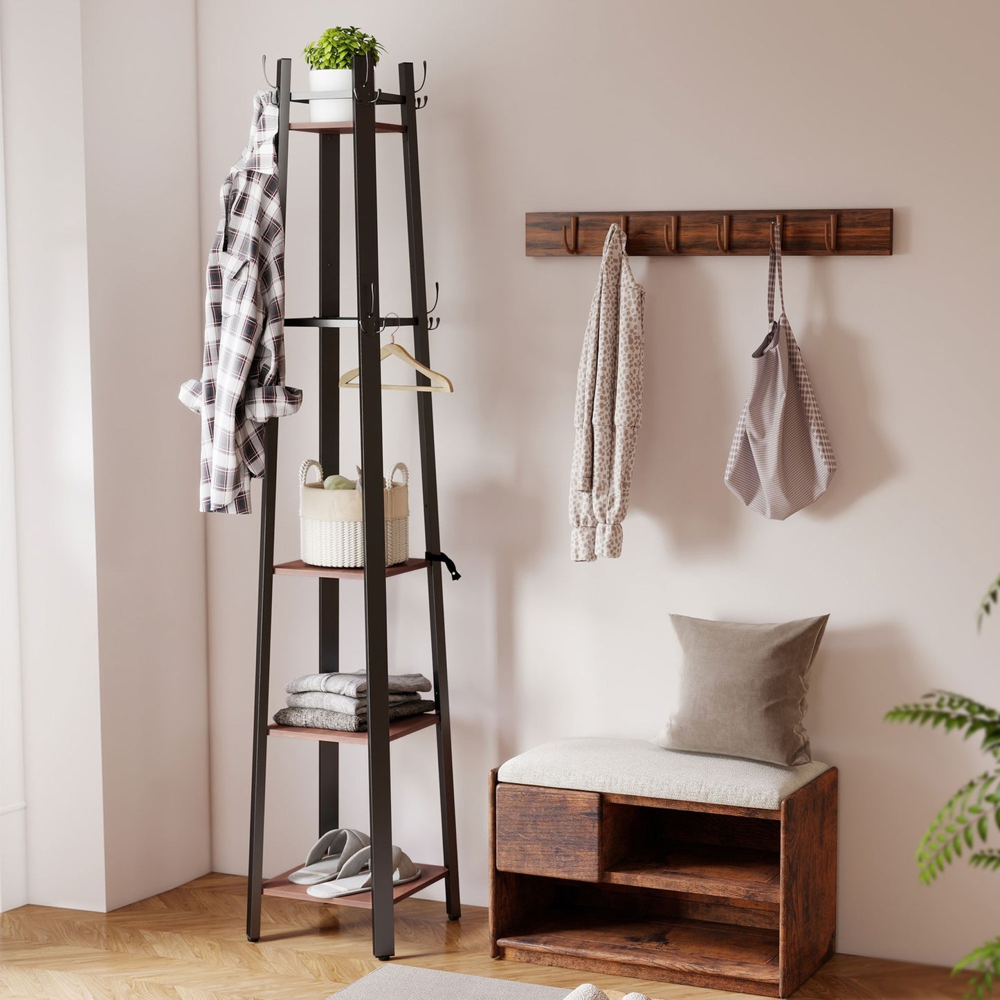 Freestanding Coat Rack, 4 Shelves, 8 Hooks, Industrial Style