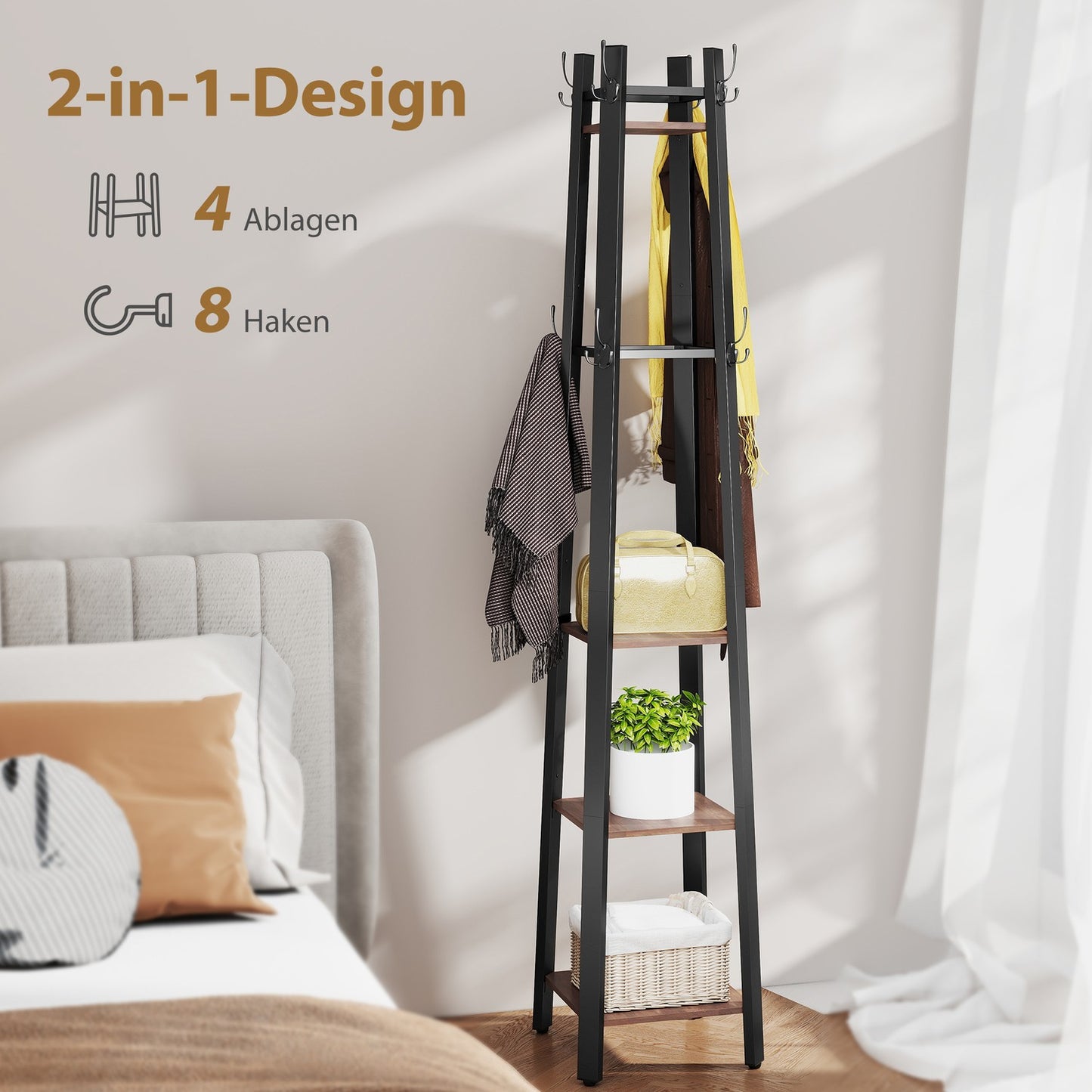 Freestanding Coat Rack, 4 Shelves, 8 Hooks, Industrial Style