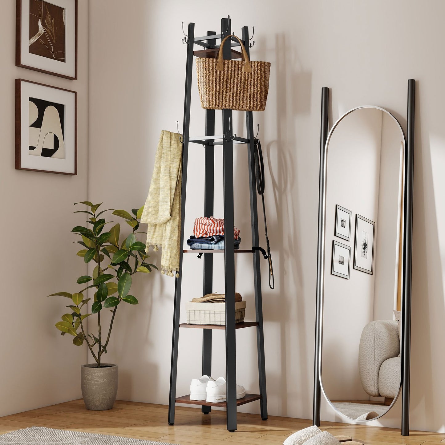 Freestanding Coat Rack, 4 Shelves, 8 Hooks, Industrial Style