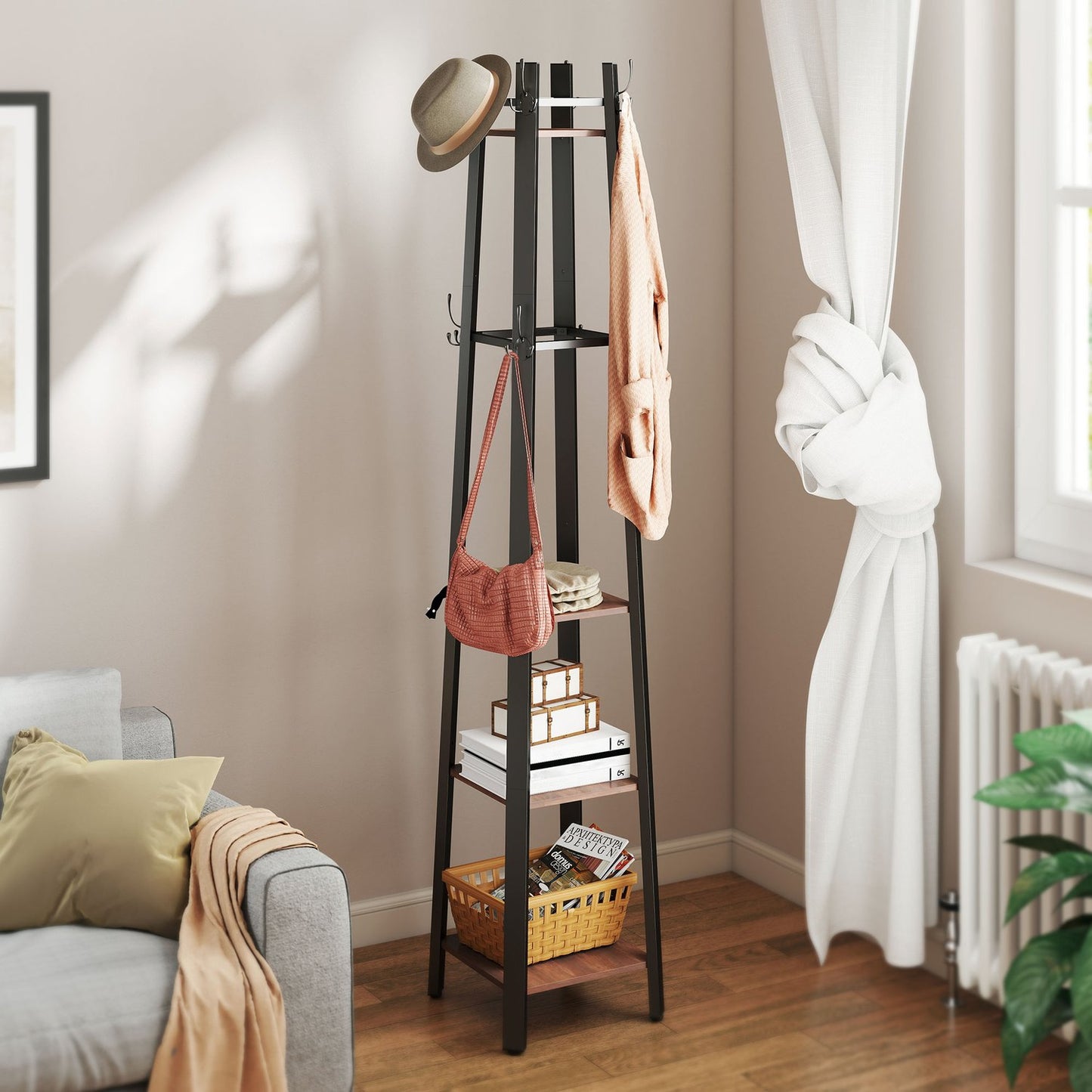 Freestanding Coat Rack, 4 Shelves, 8 Hooks, Industrial Style