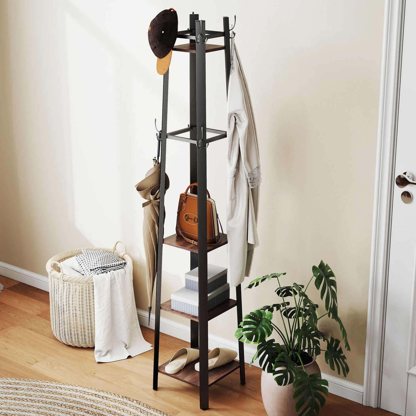 Freestanding Coat Rack, 4 Shelves, 8 Hooks, Industrial Style
