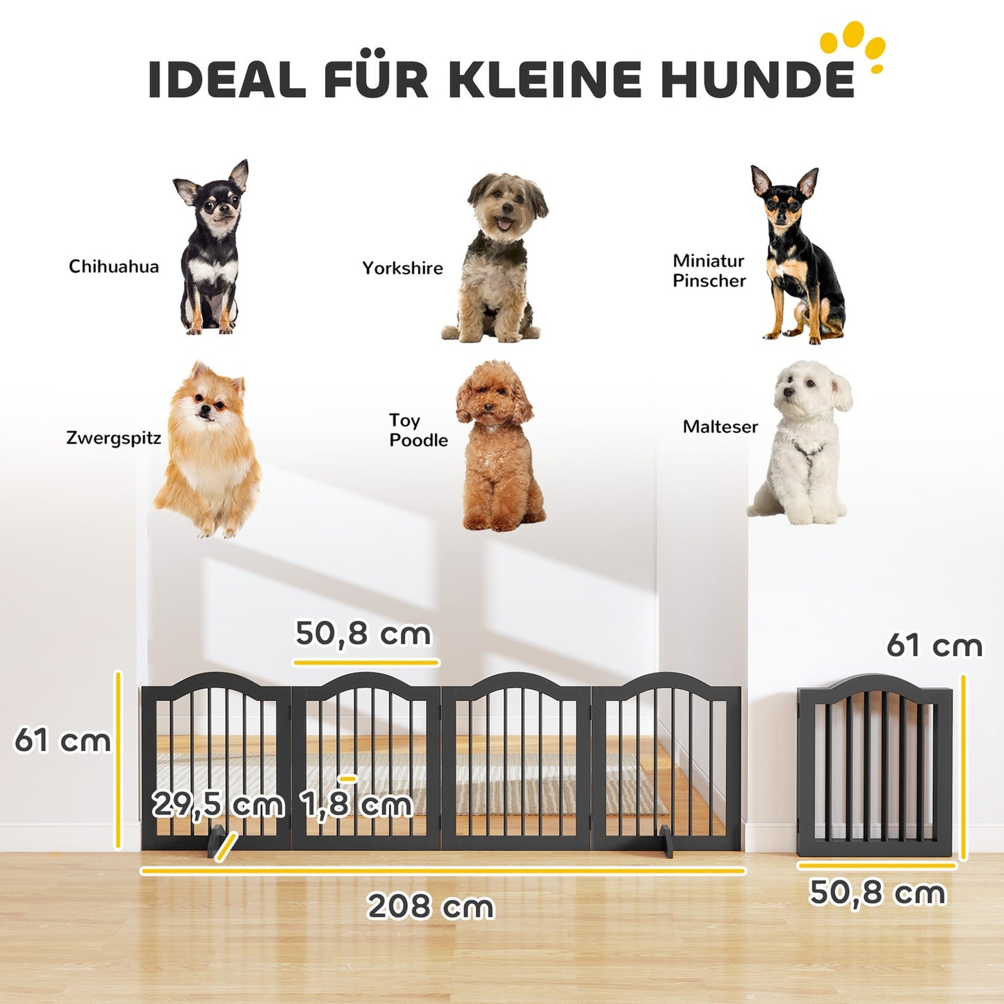 Freestanding Dog Gate, Foldable, 4 Panels, 208x29.5x61 cm, Black