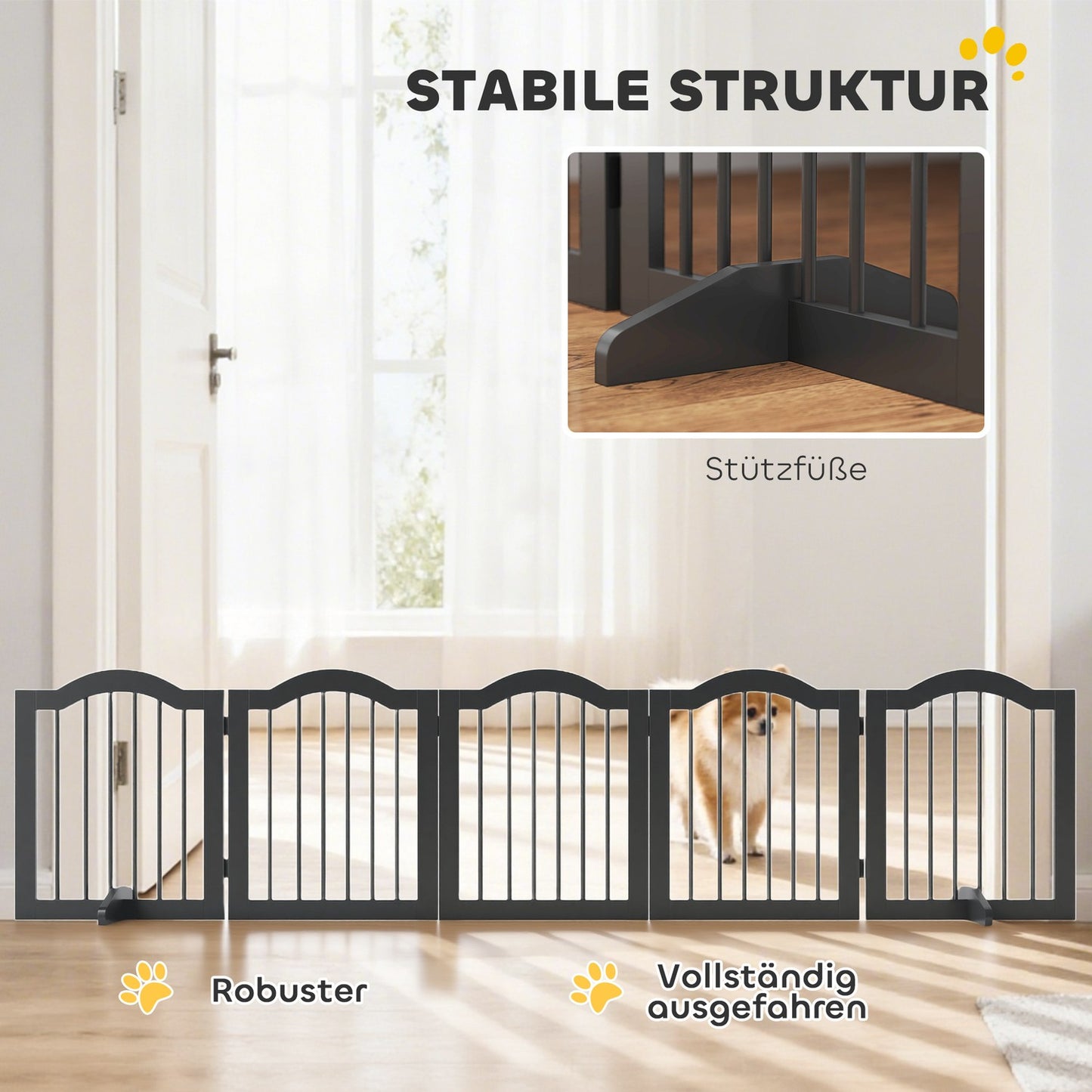Freestanding Dog Gate, Foldable, 5 Panels, Black, 261.5x29.5x61 cm