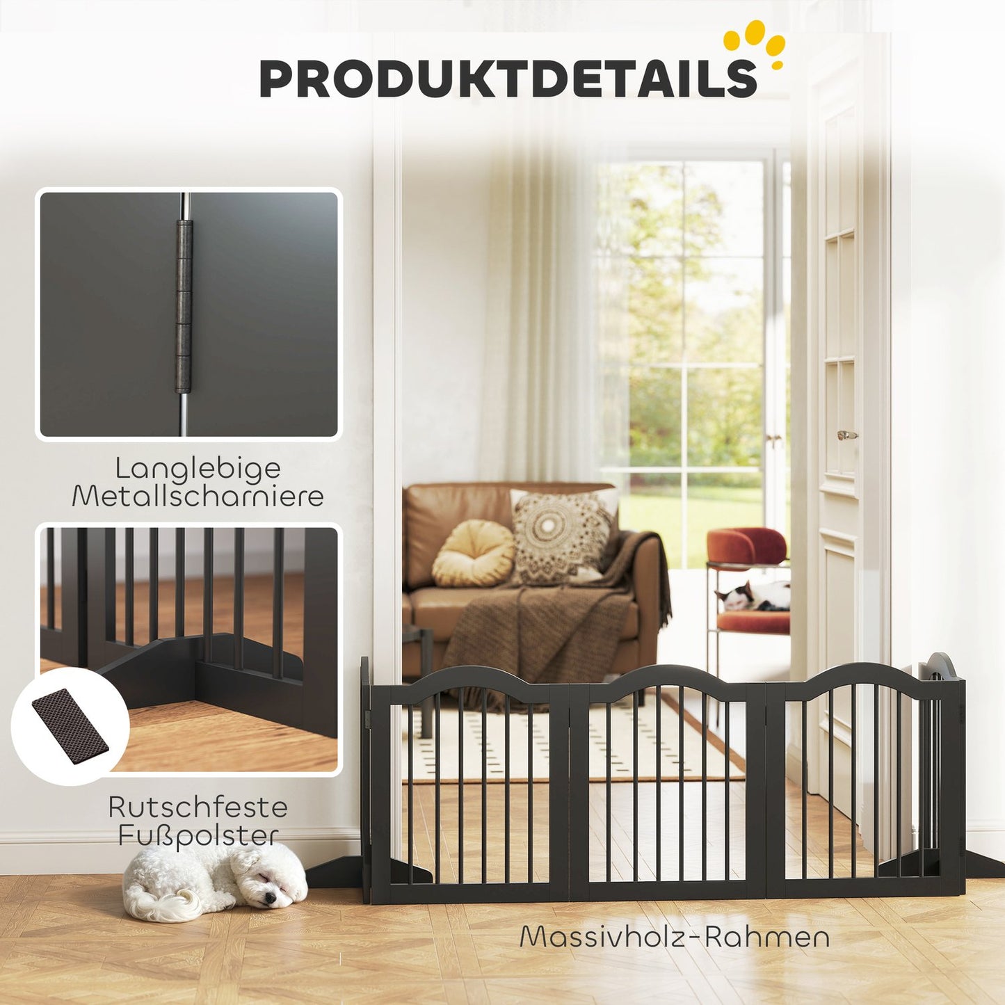 Freestanding Dog Gate, Foldable, 5 Panels, Black, 261.5x29.5x61 cm