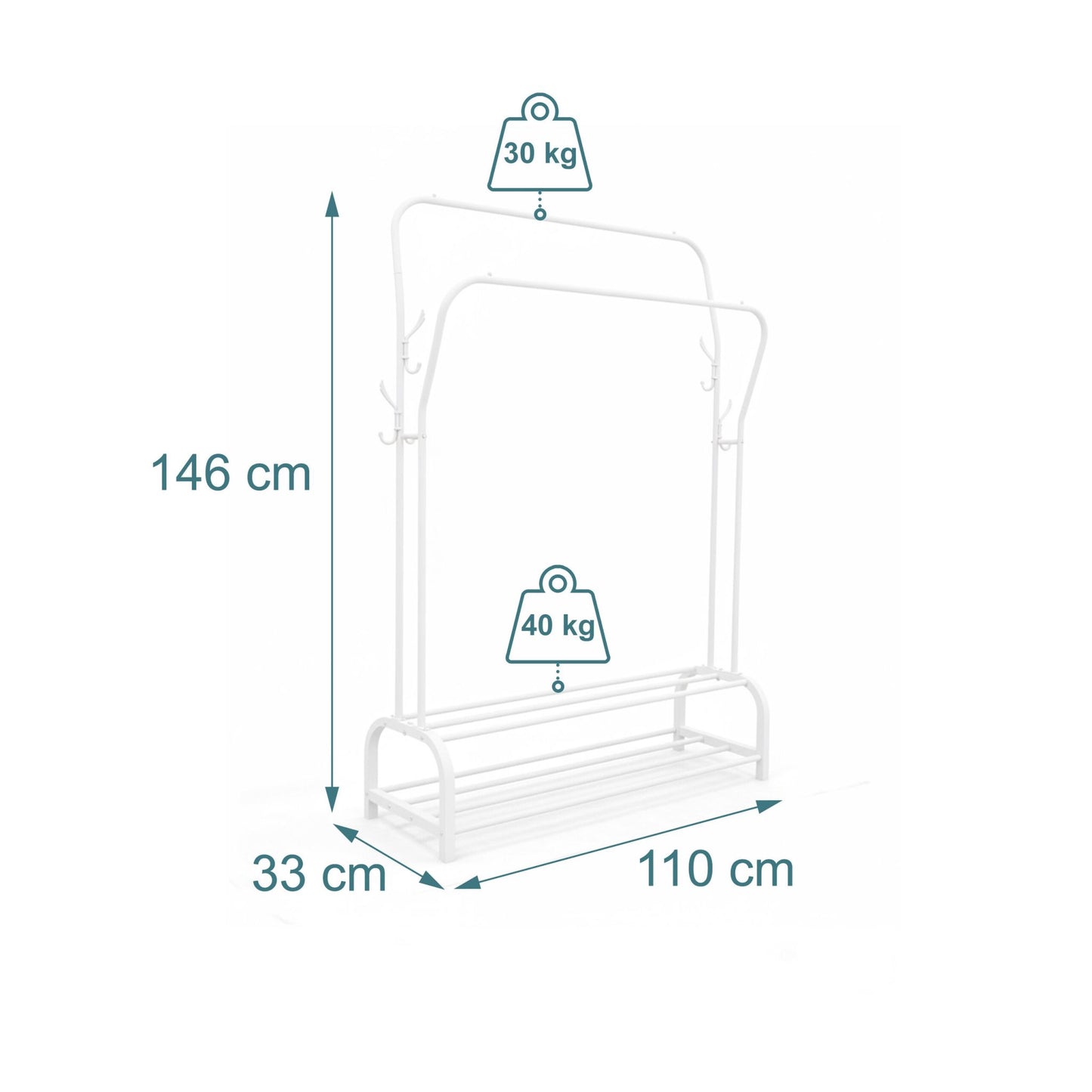 Freestanding Iron Clothes Rack with 2 Rails & Shelves