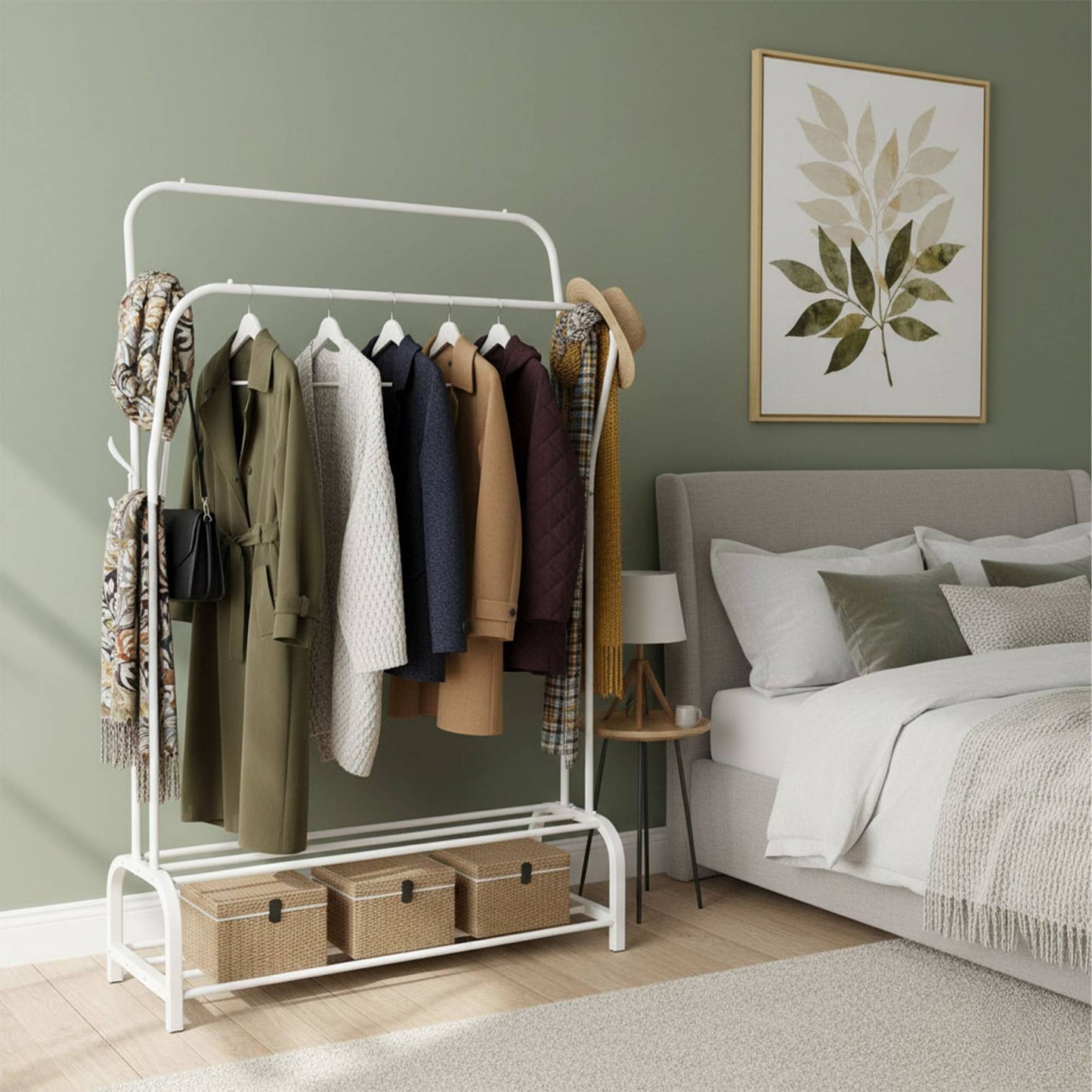 Freestanding Iron Clothes Rack with 2 Rails & Shelves