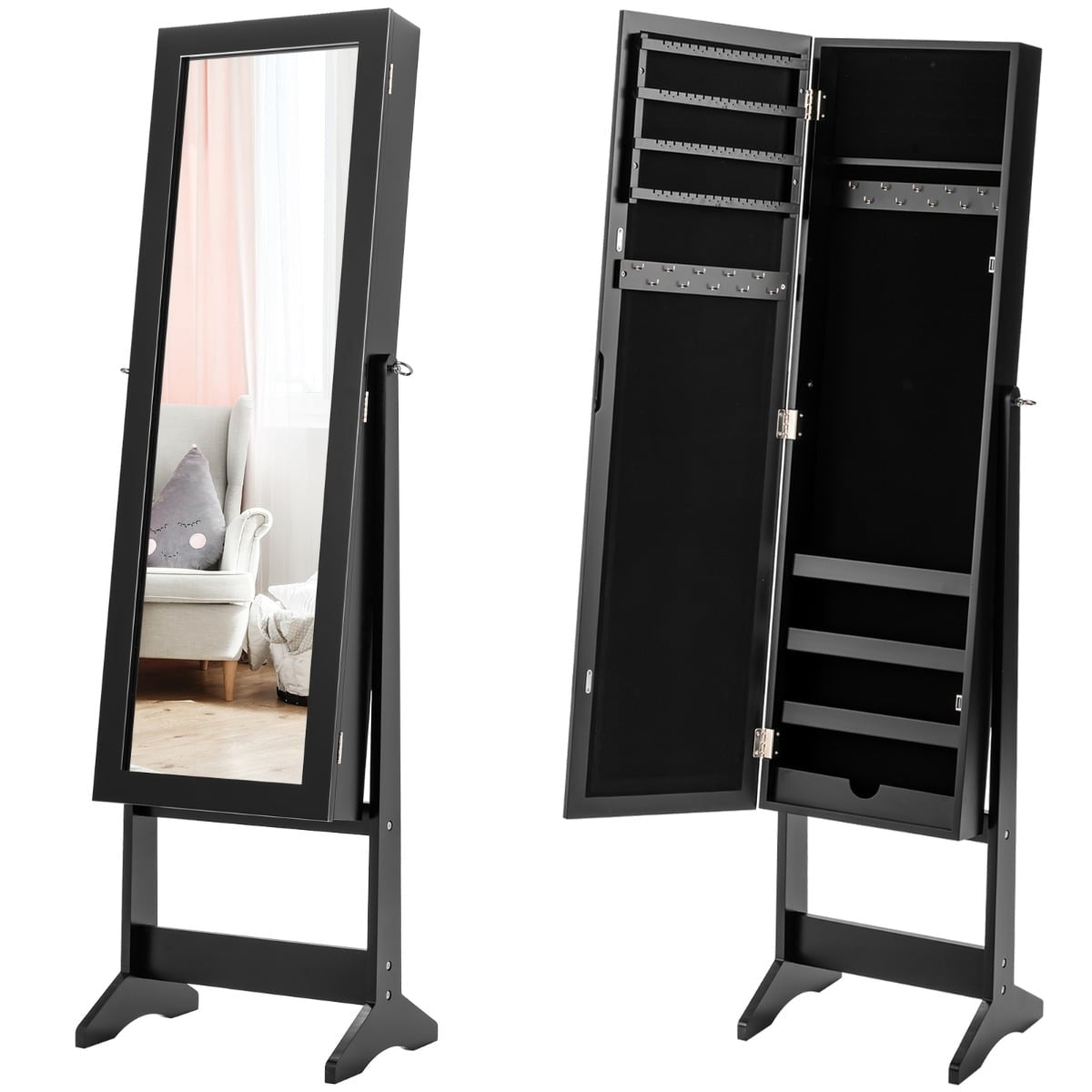 Freestanding Jewelry Cabinet with Full-Length Mirror, Black