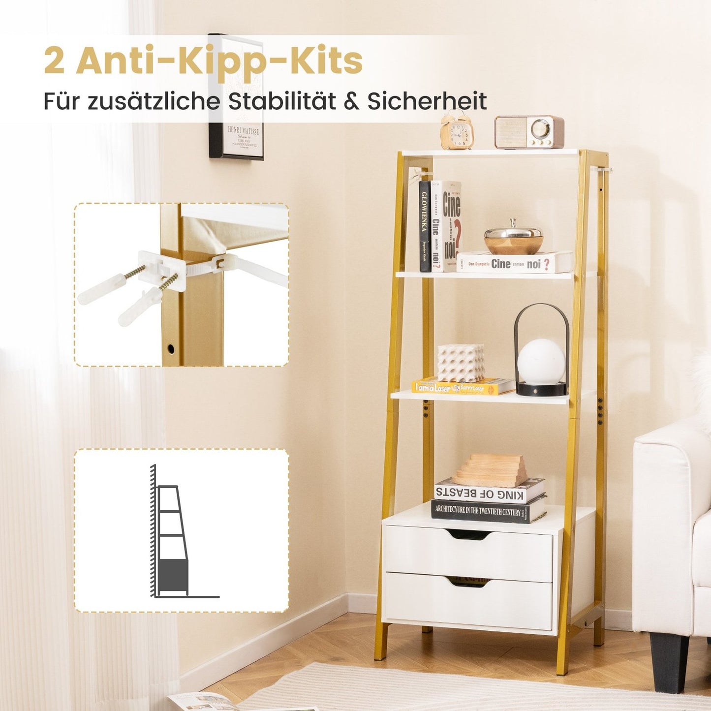 Freestanding Ladder Bookshelf, 134cm, 4 Shelves, 2 Drawers