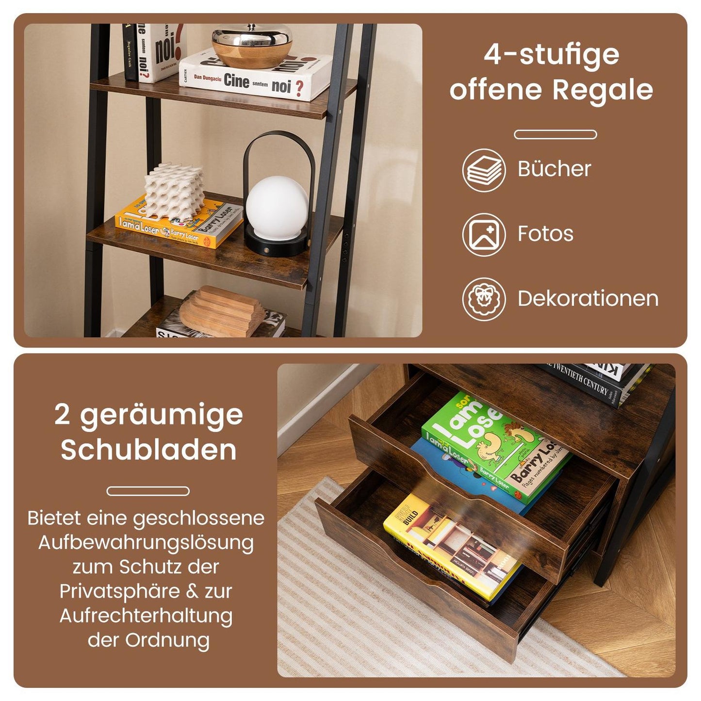 Freestanding Ladder Bookshelf, 134cm, 4 Shelves, 2 Drawers