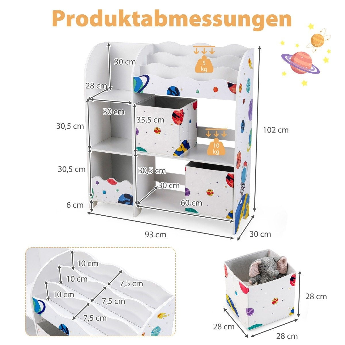 Freestanding Nursery Cabinet 3 Tier Nursery Shelf Toy Organizer for Toddlers Asteroids White