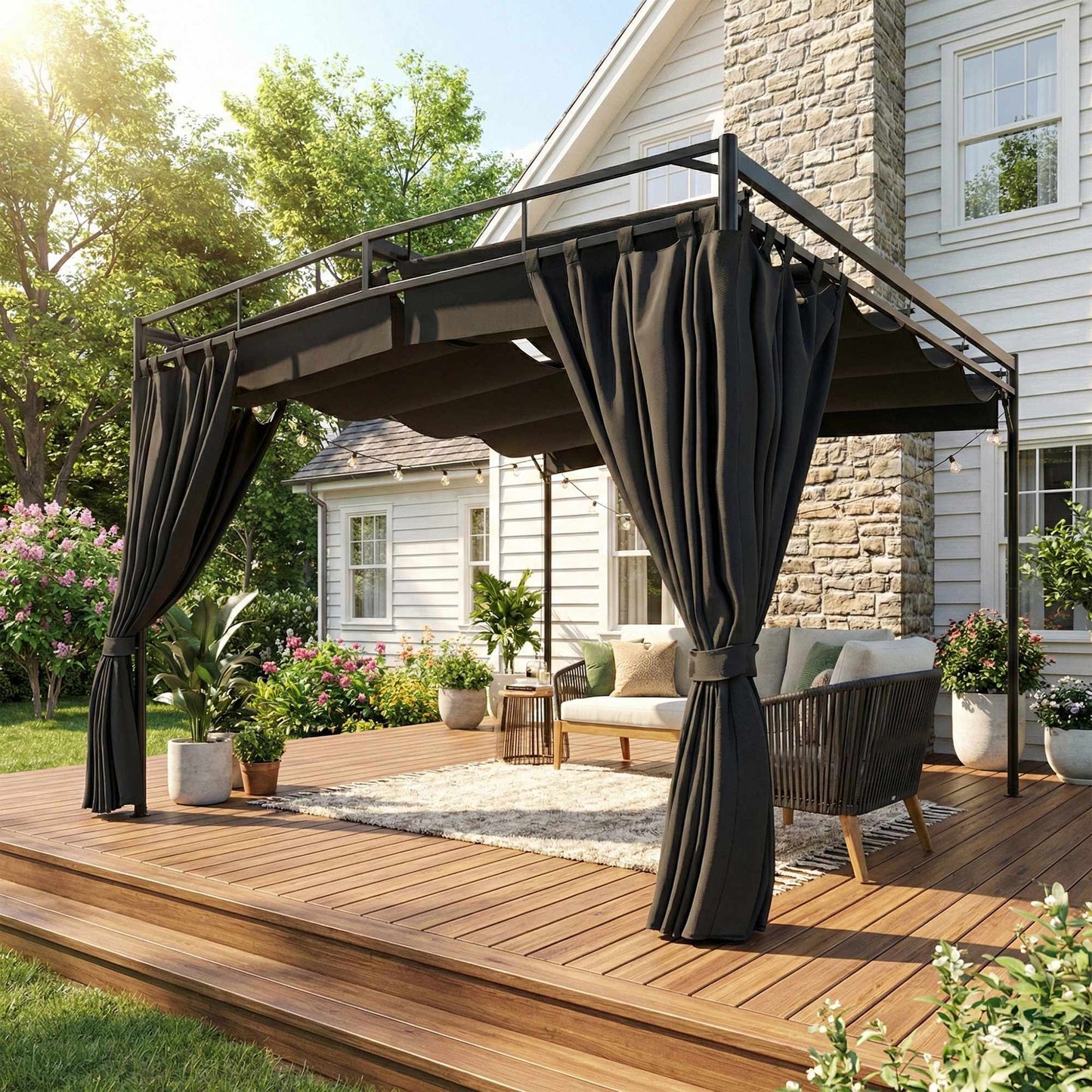 Freestanding Pergola 3x3m with Adjustable Canopy and Curtains
