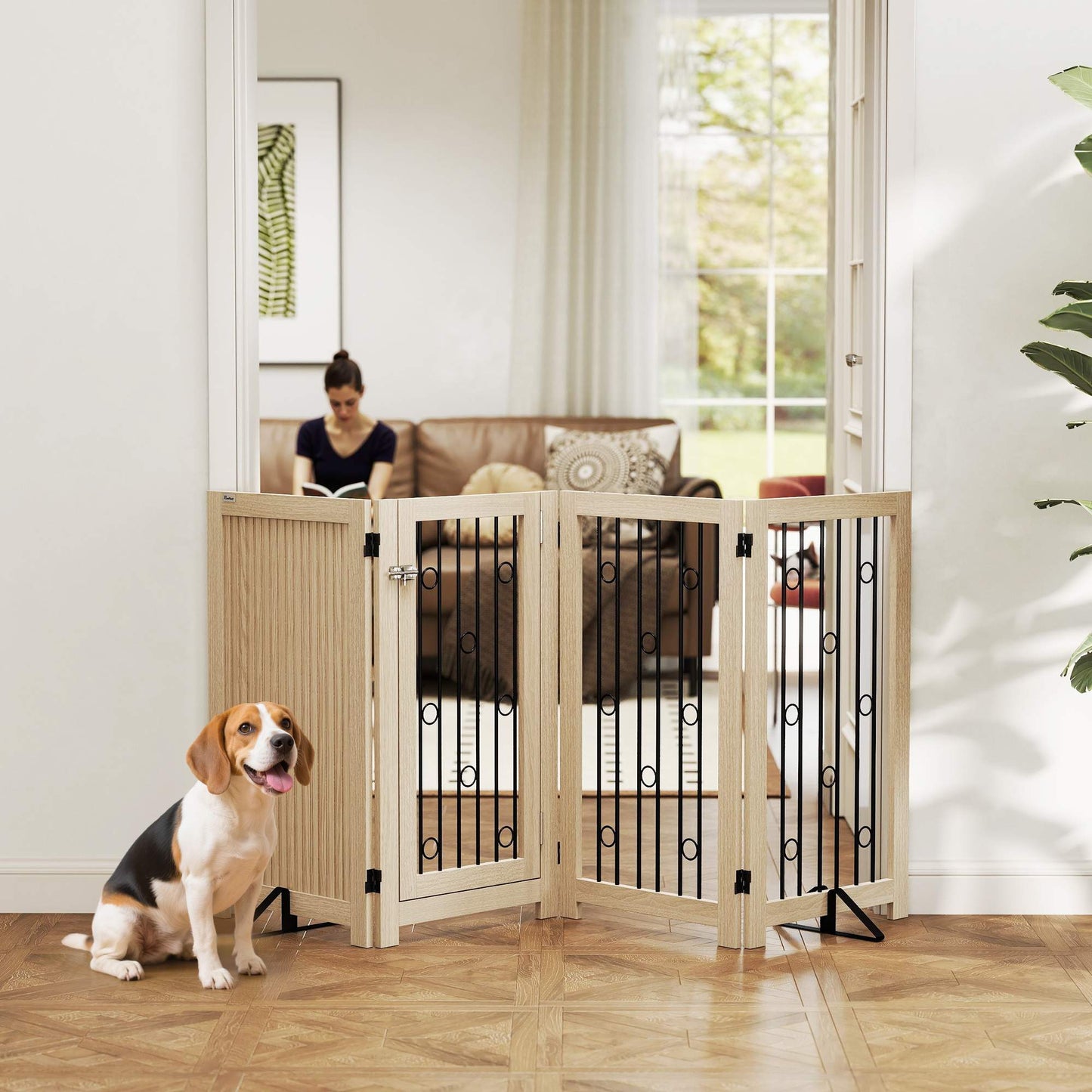 Freestanding Pet Gate with Door, 4 Panels, MDF and Steel