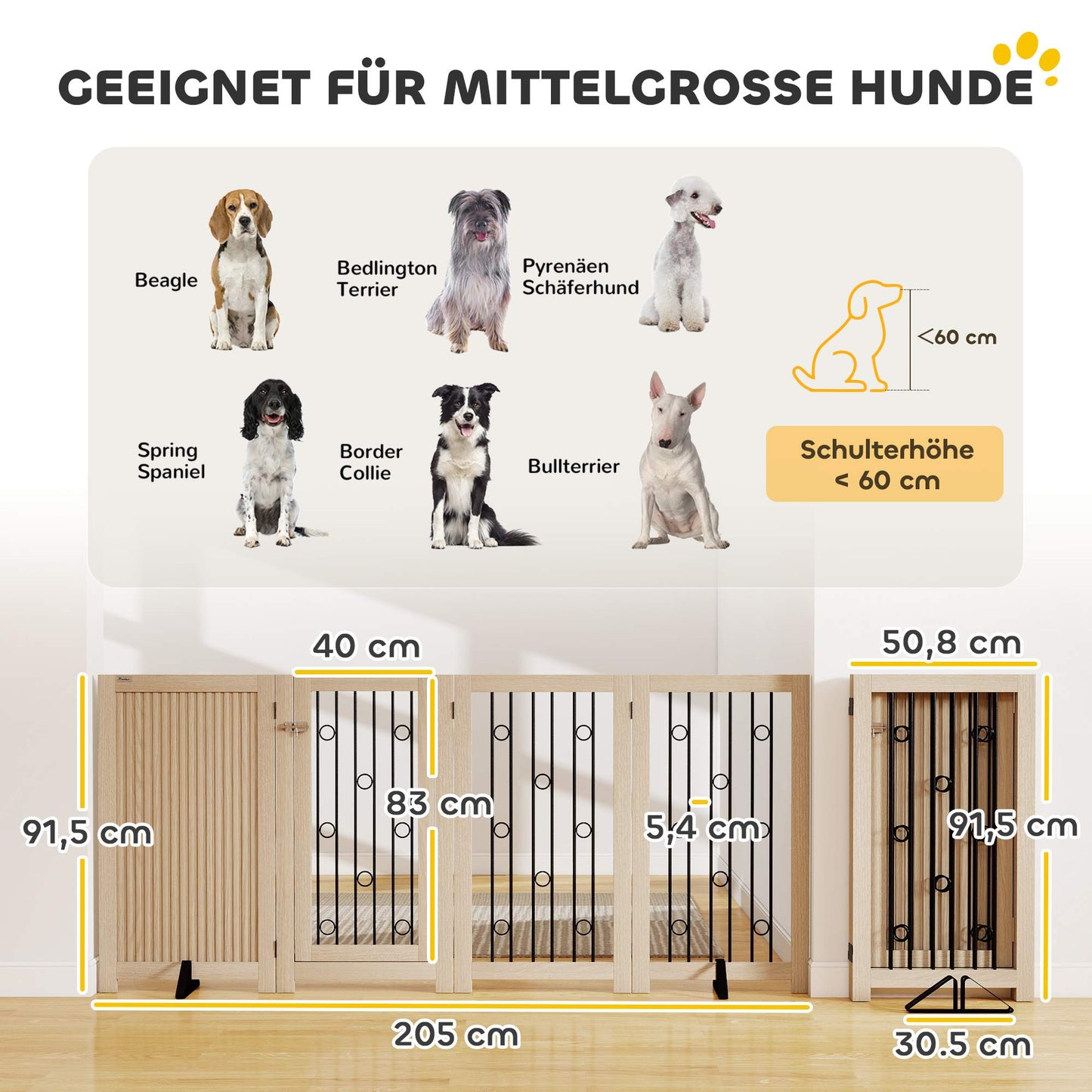 Freestanding Pet Gate with Door, 4 Panels, MDF and Steel