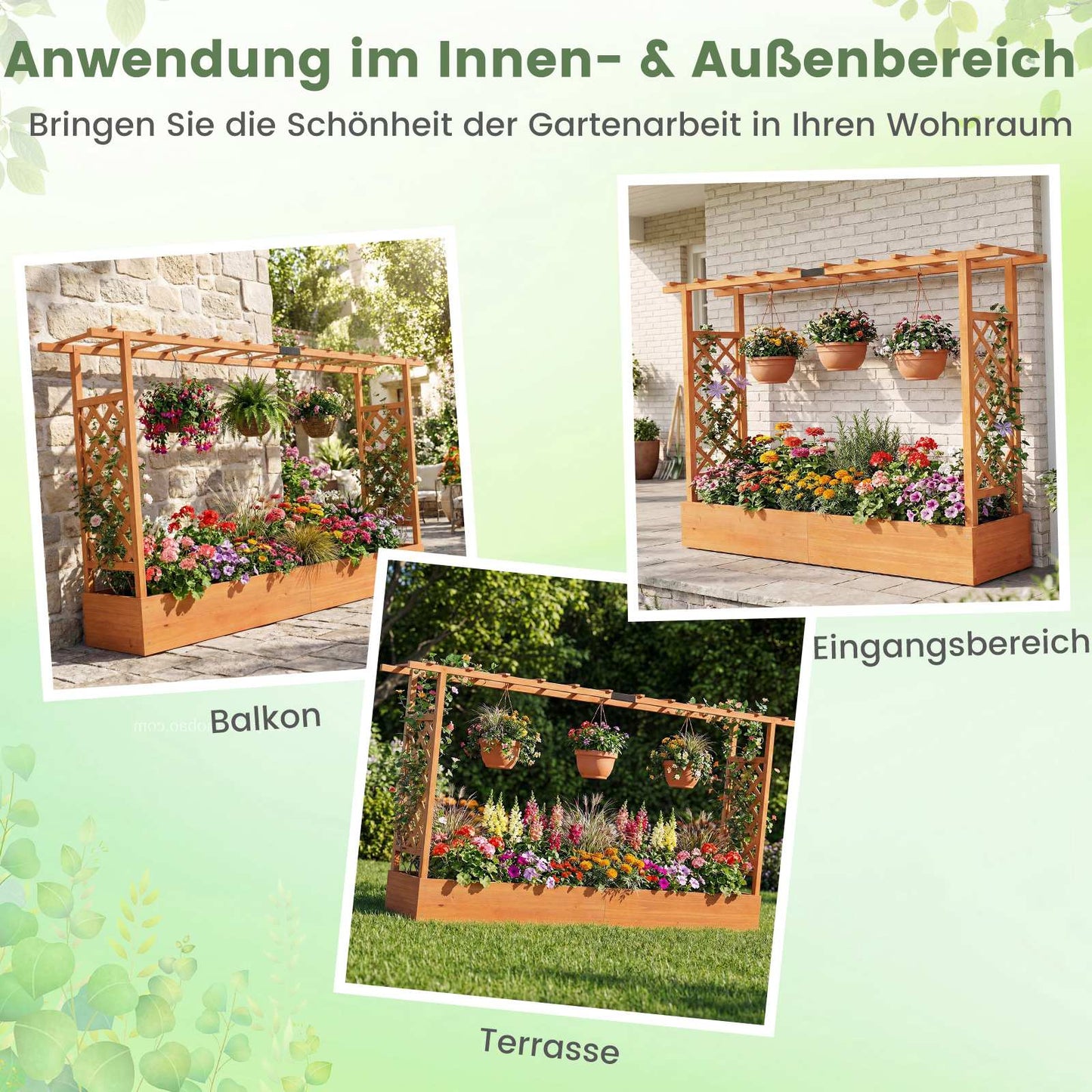 Freestanding Raised Garden Bed with Trellis, Spruce Wood, 220x35x114 cm