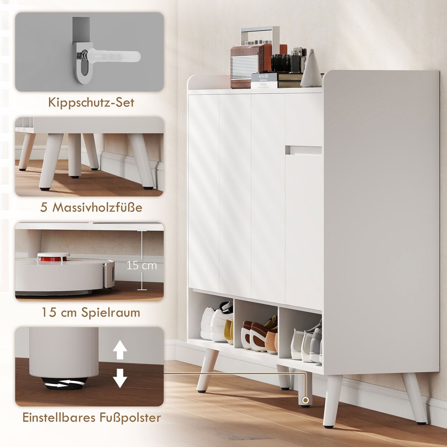 Freestanding Shoe Cabinet, Handleless, 4 Doors, Adjustable Shelves